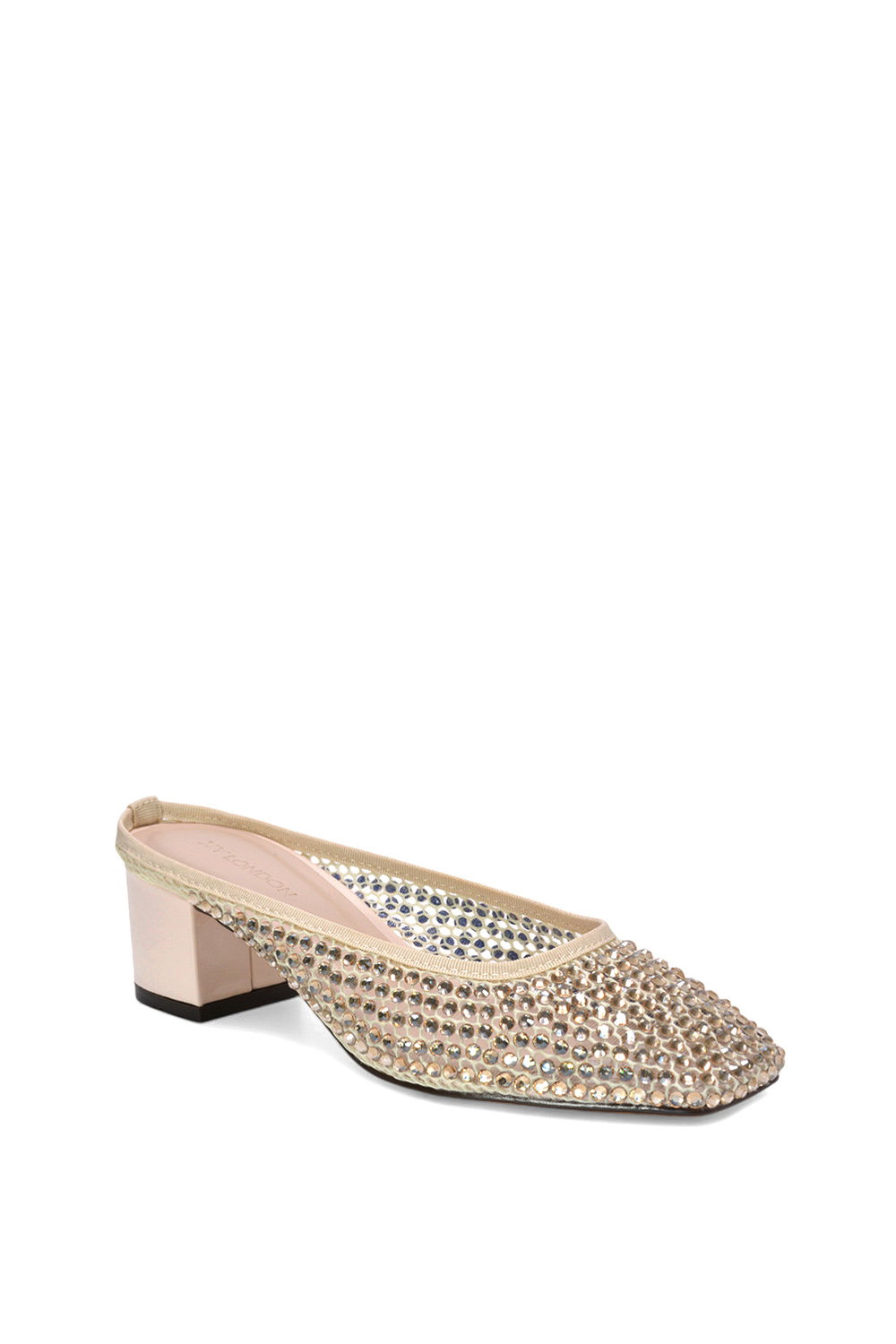 Beige XY LONDON Beige 'Brooklyn' Square Toe Court Shoe Mule Block Heels With Crystal Mesh, Image 2 of 6