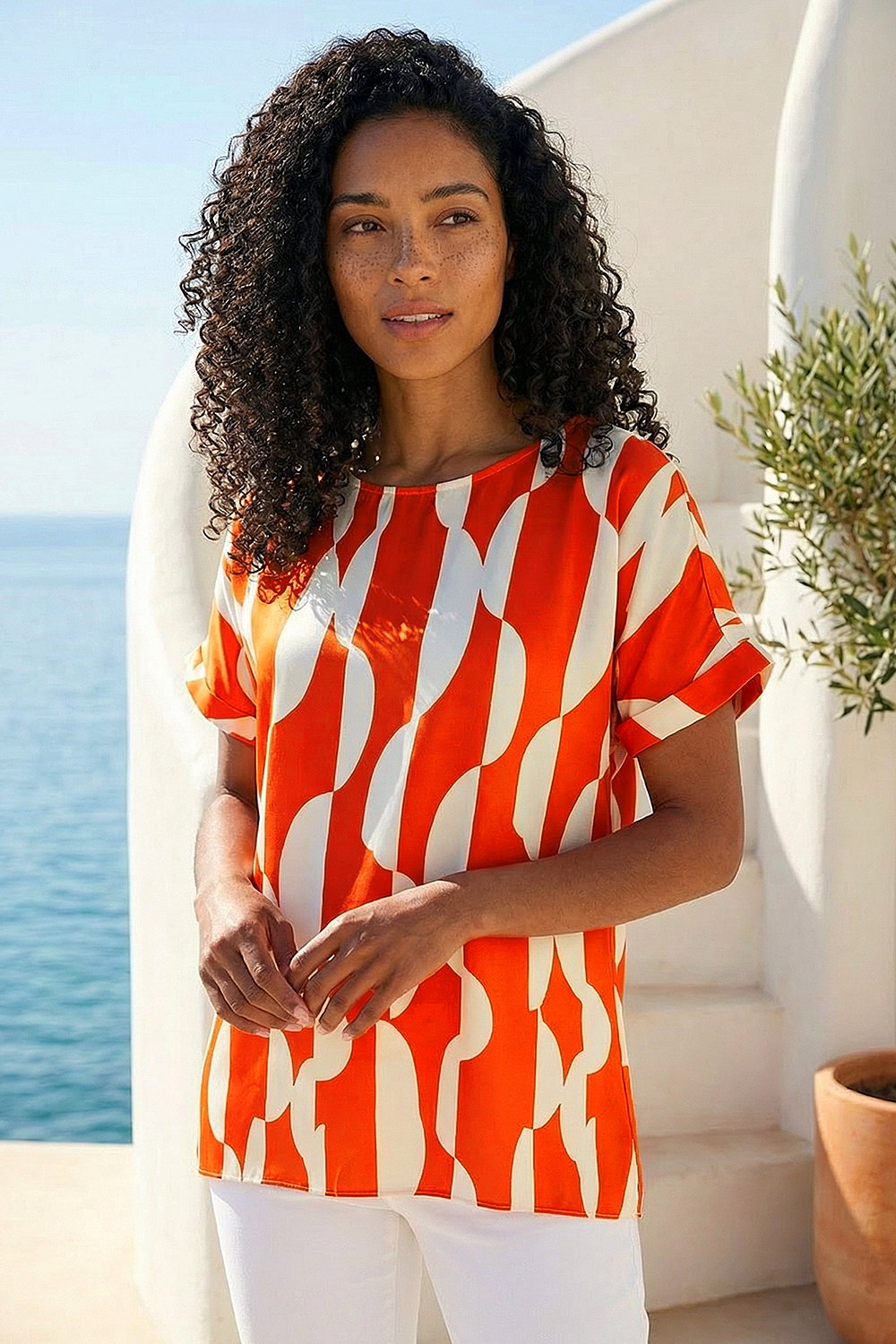 Orange Geometric Print Woven Top, Image 3 of 4
