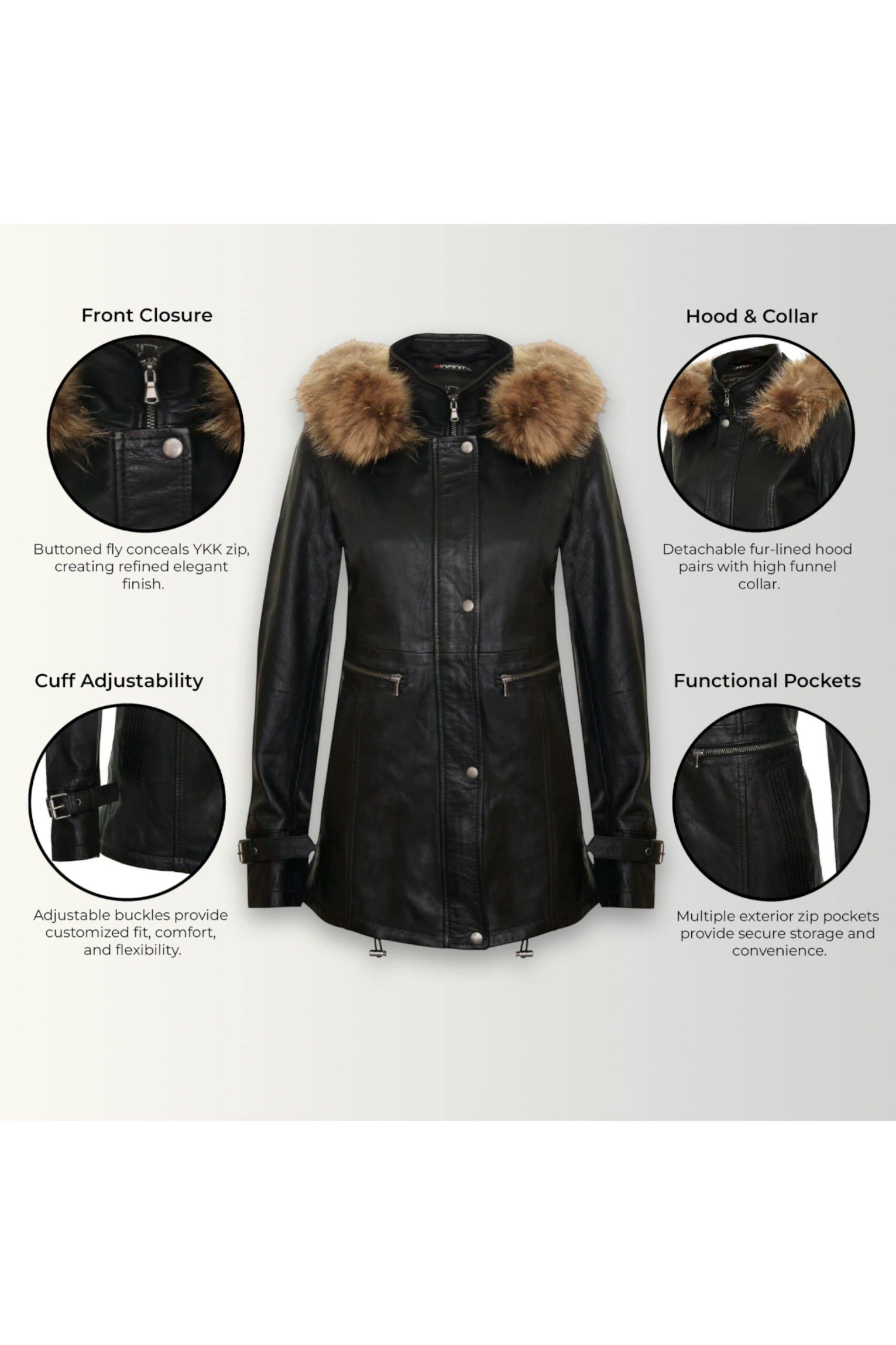 Black Leather Hooded Parka Jacket-Putian, Image 3 of 5