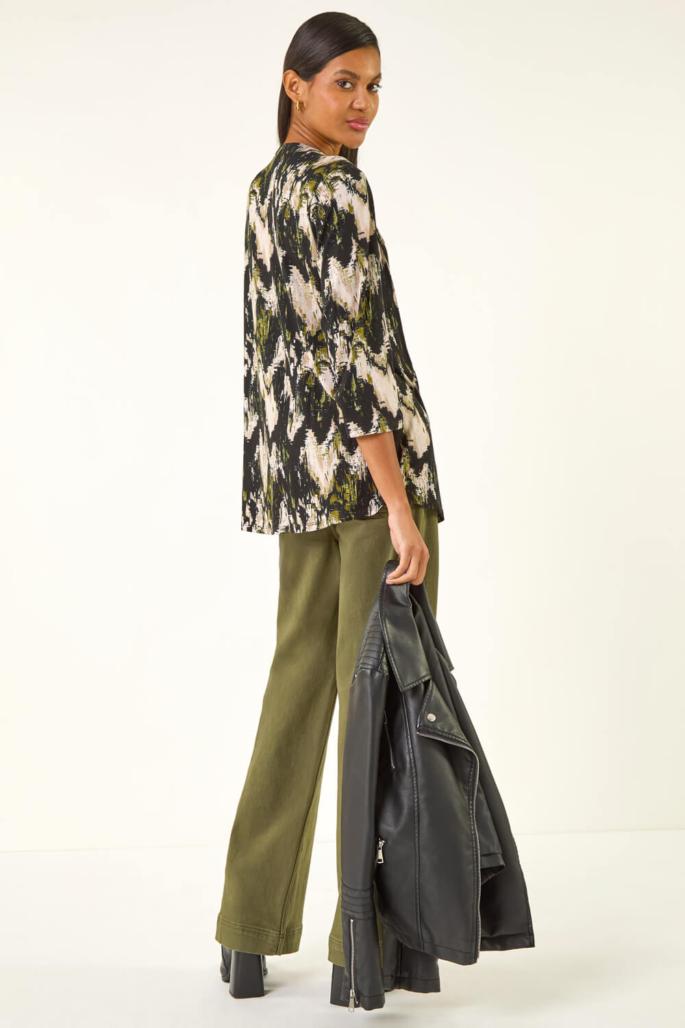 Black Abstract Print Pintuck Stretch Top, Image 4 of 5