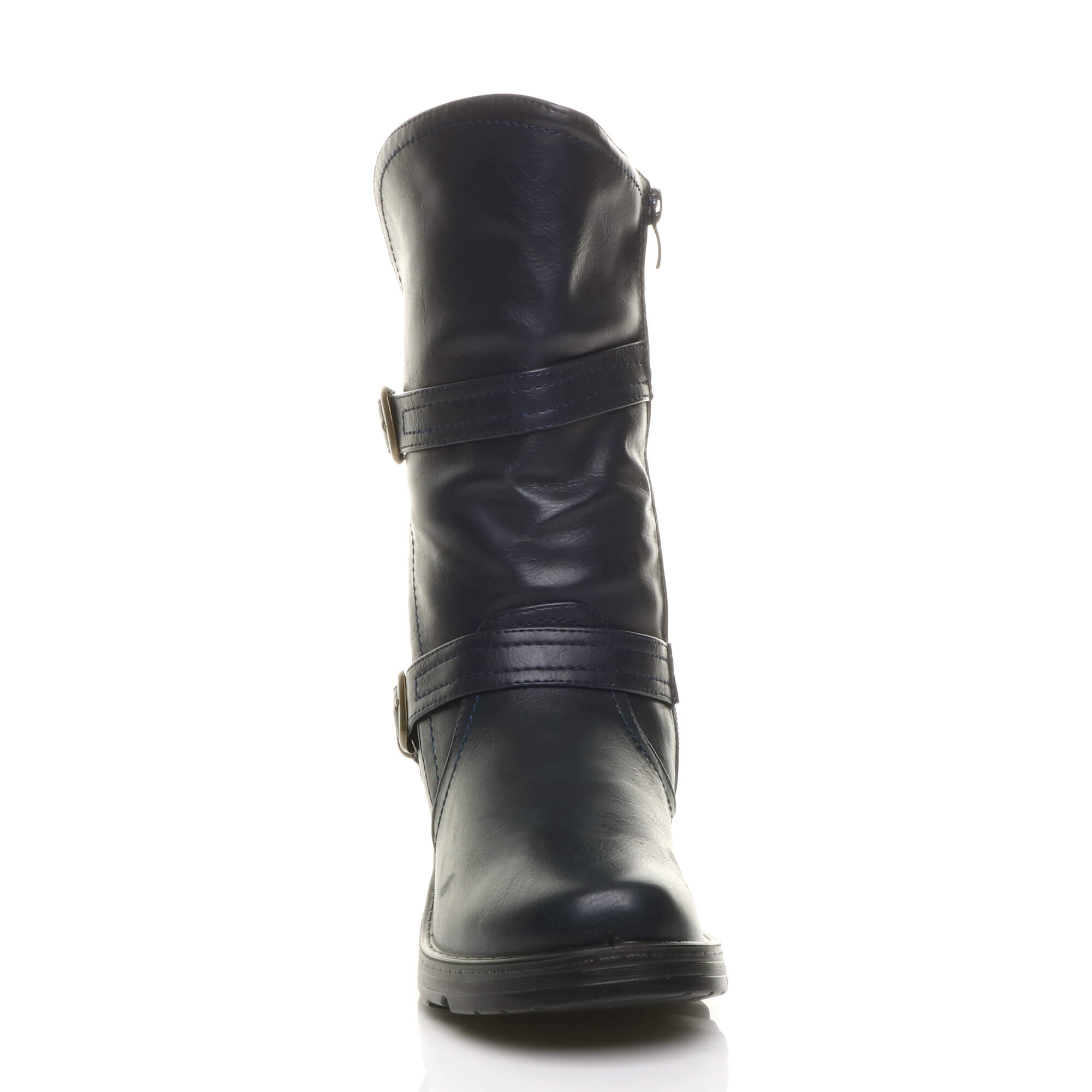 Navy Blue Low Wedge Heel Comfort Calf Biker Boots, Image 6 of 6