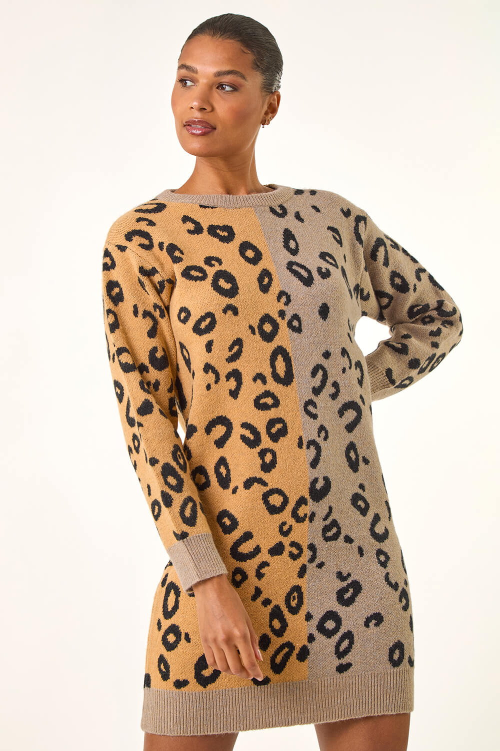 Tan Animal Print Knitted Shift Dress, Image 6 of 6
