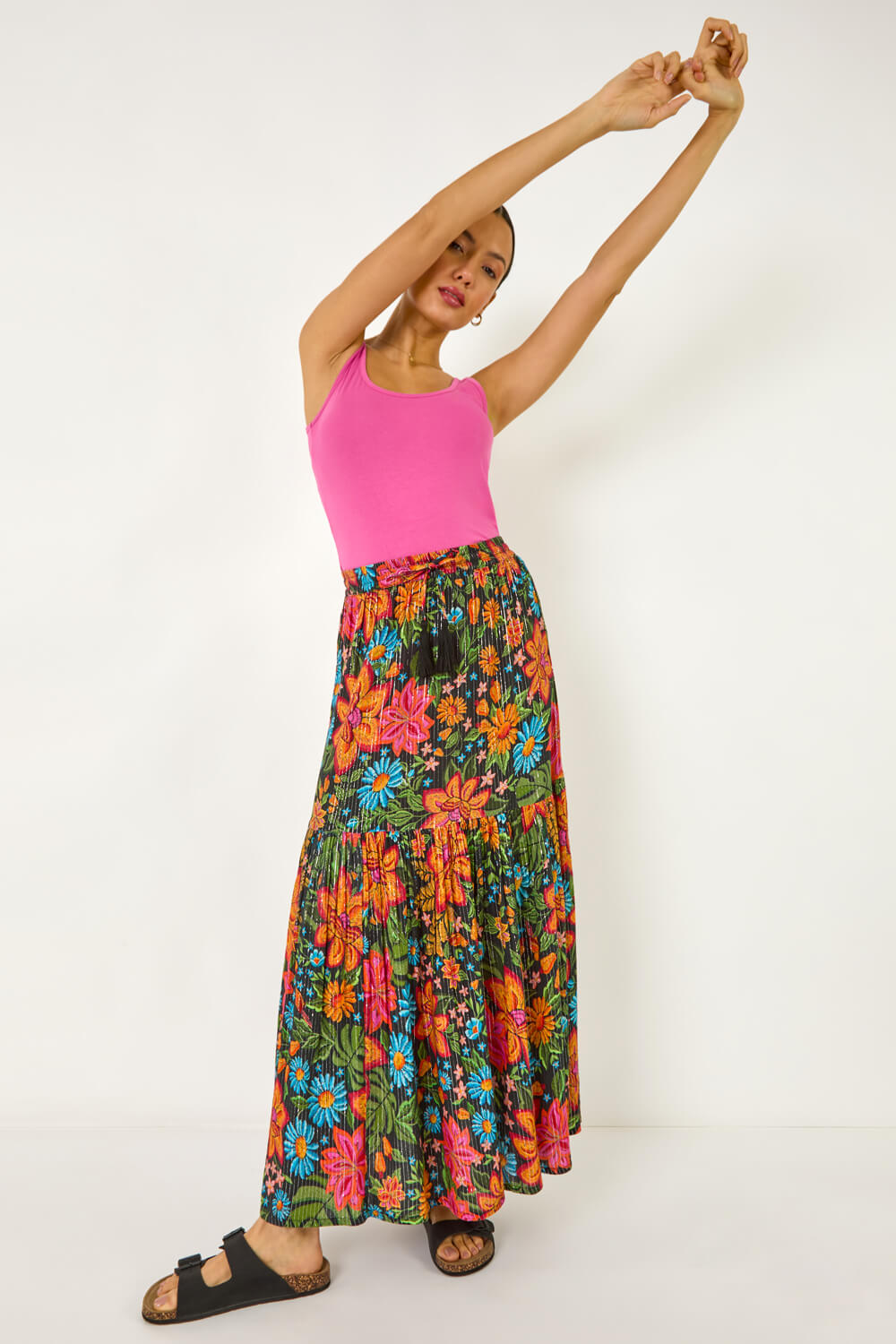 Black Floral Print Tiered A-Line Skirt, Image 3 of 7