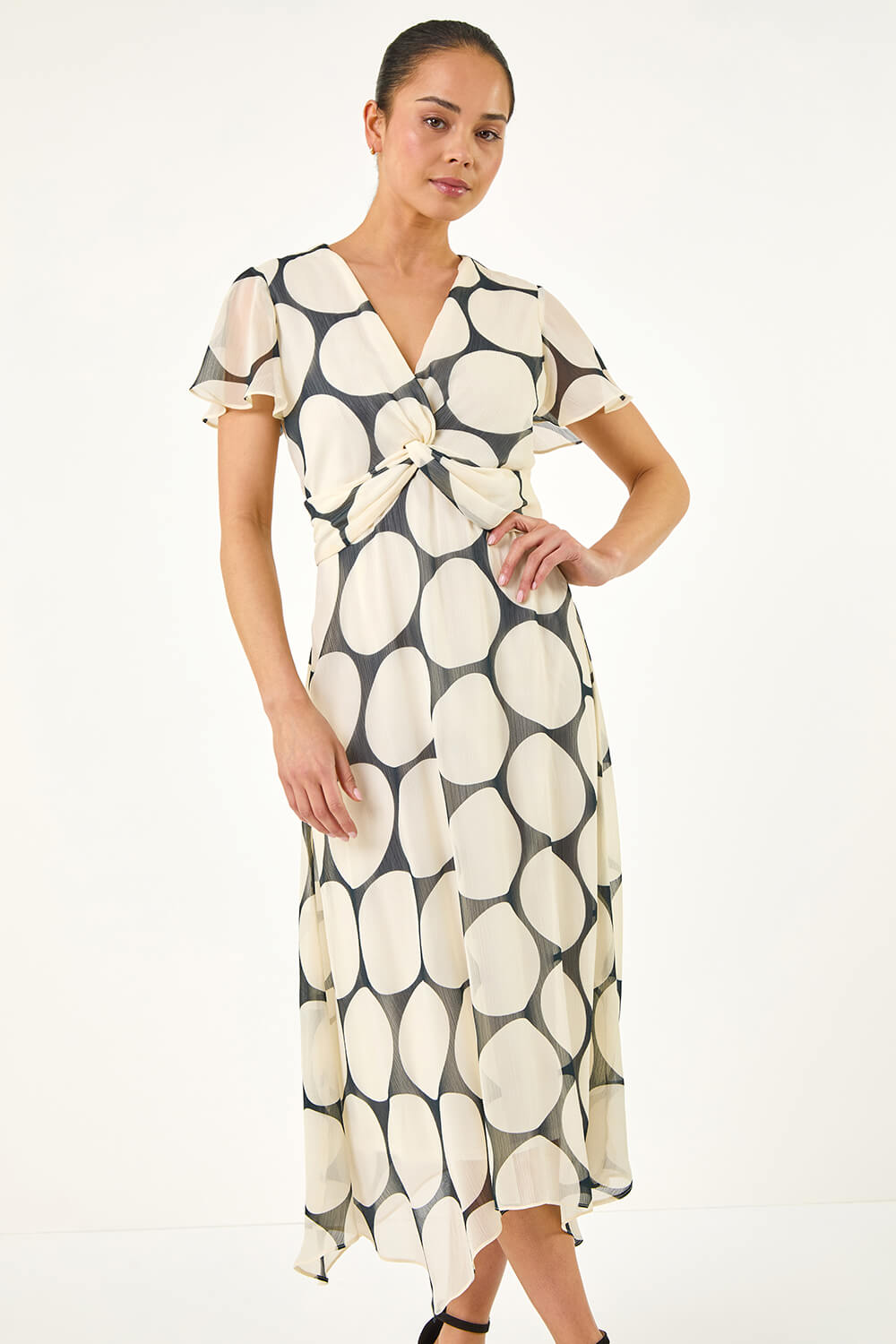 Black Petite Spot Print Twist Front Dress, Image 3 of 5