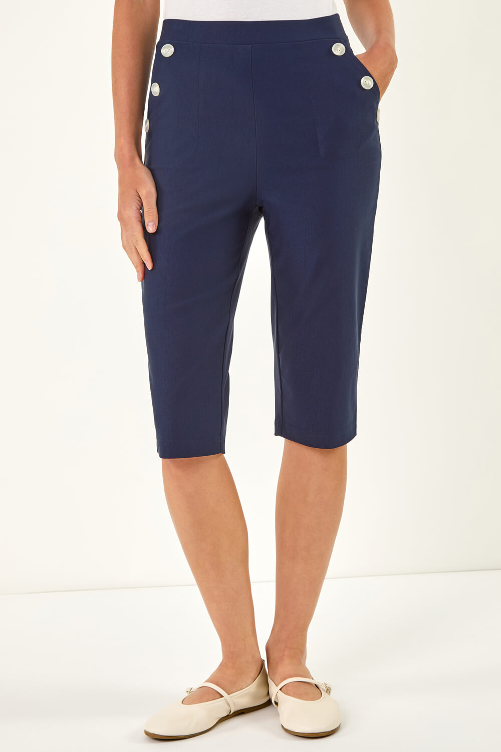 Navy Buttoned Pocket Cropped Shorts, Image 5 of 5