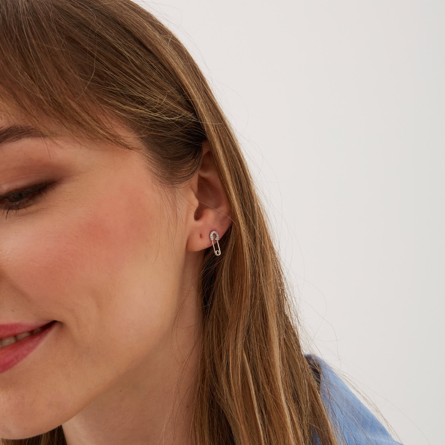 Silver Sterling Silver Jewelled Mini Safety Pin Stud Earring, Image 4 of 5