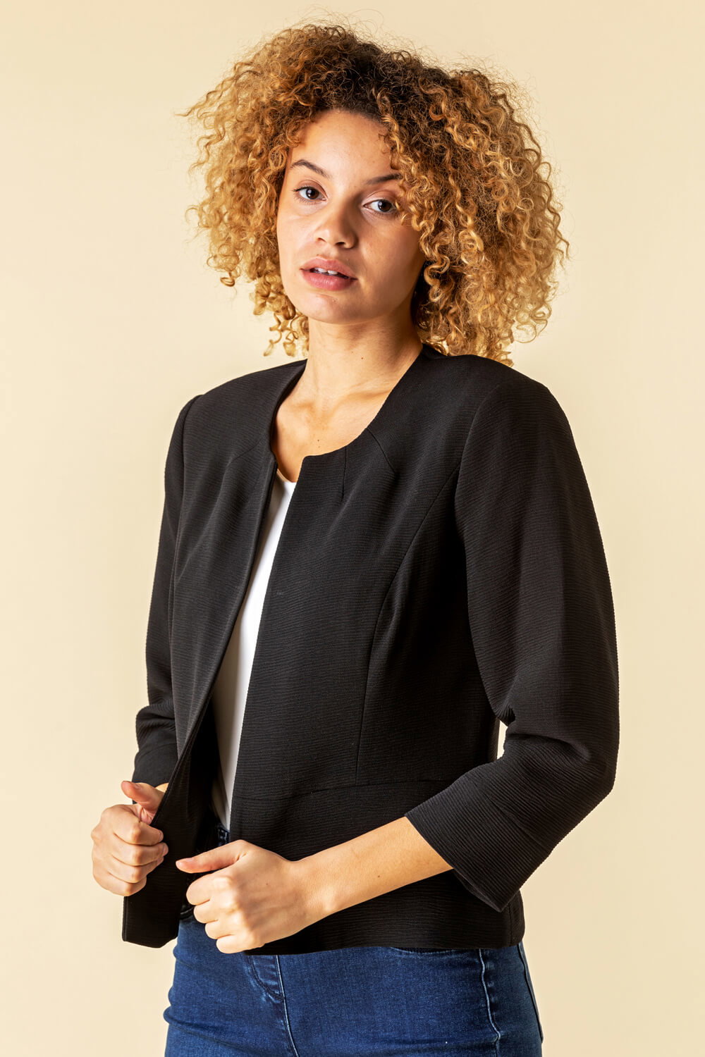 Black Textured Cropped Jacket, Image 1 of 4