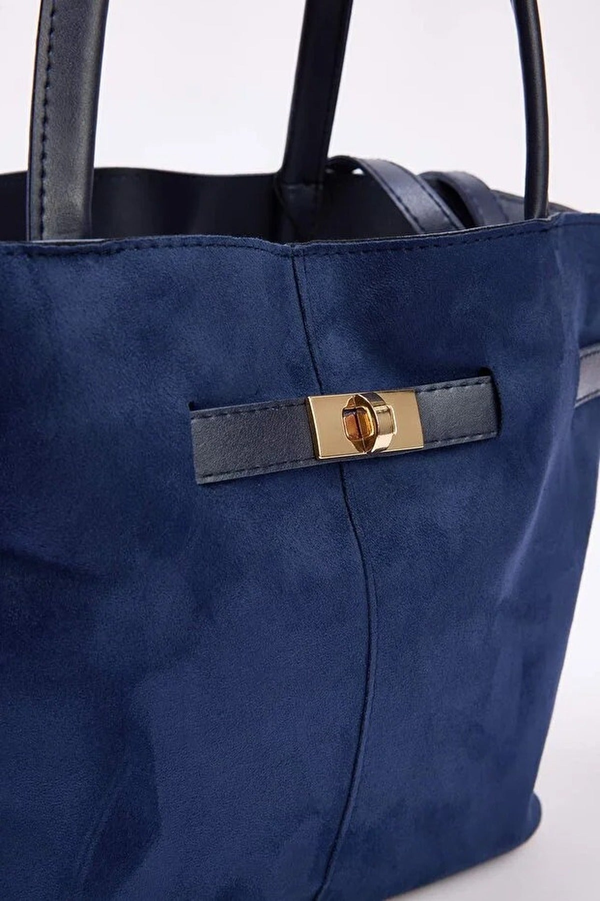 Navy Suede Tote With Soft Handle And Cross-Body Strap, Image 2 of 4