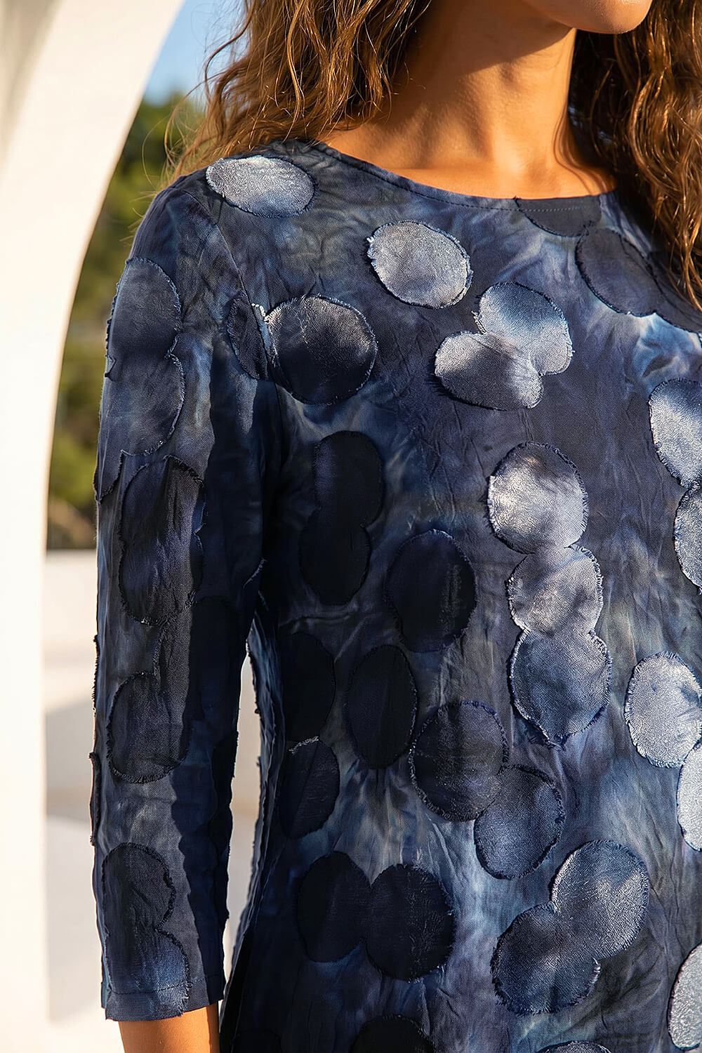 Blue Cotton Blend Spot Print Stretch Top, Image 5 of 4