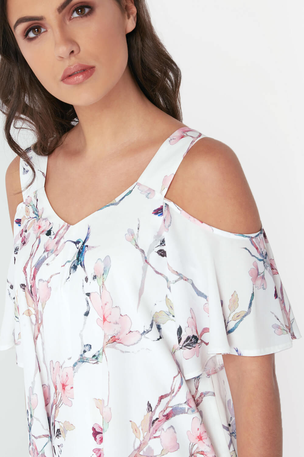 Ivory Floral Print Cold Shoulder Top, Image 4 of 4