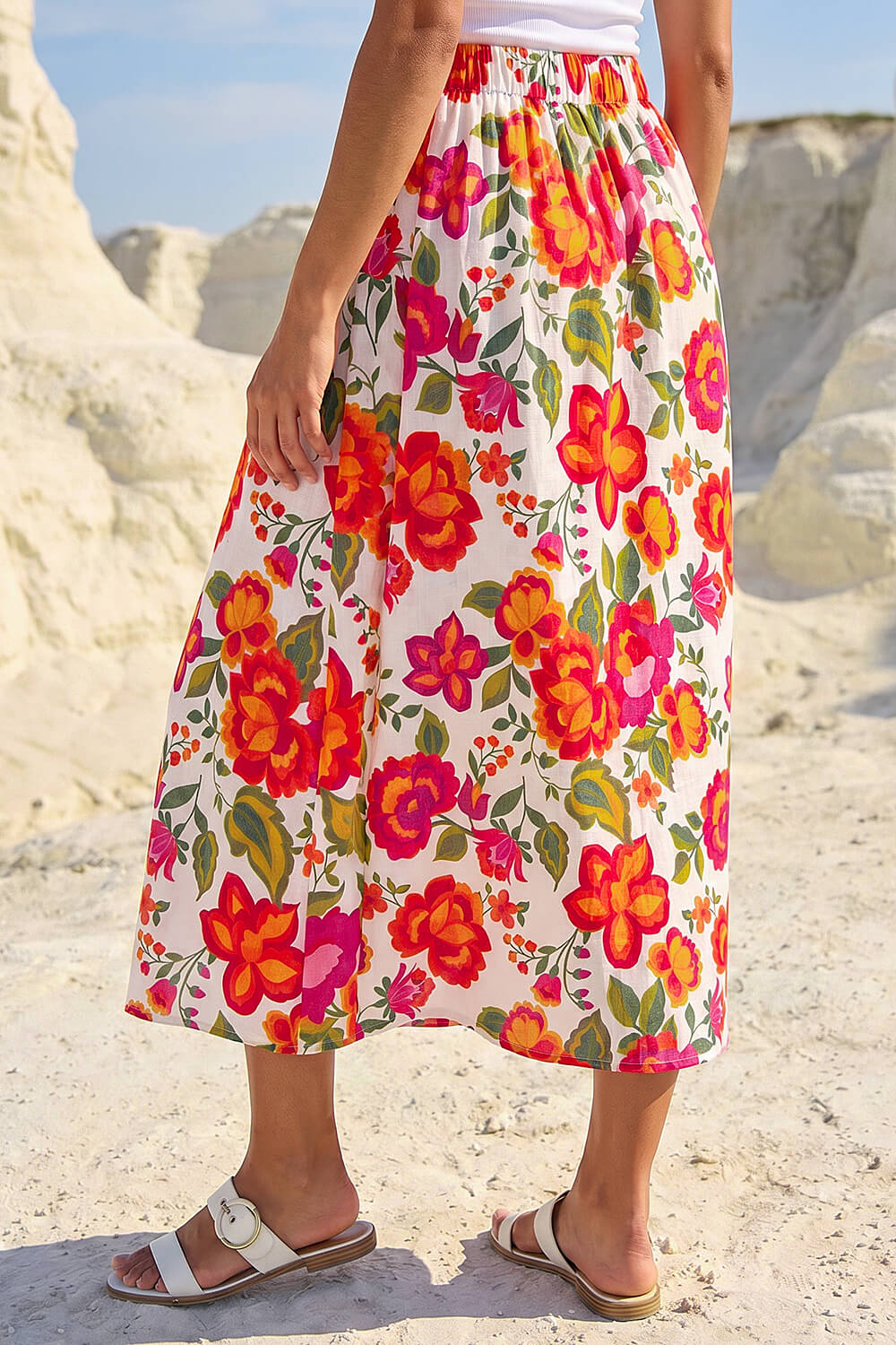 ORANGE Dusk Floral Print A-Line Midi Skirt, Image 4 of 5
