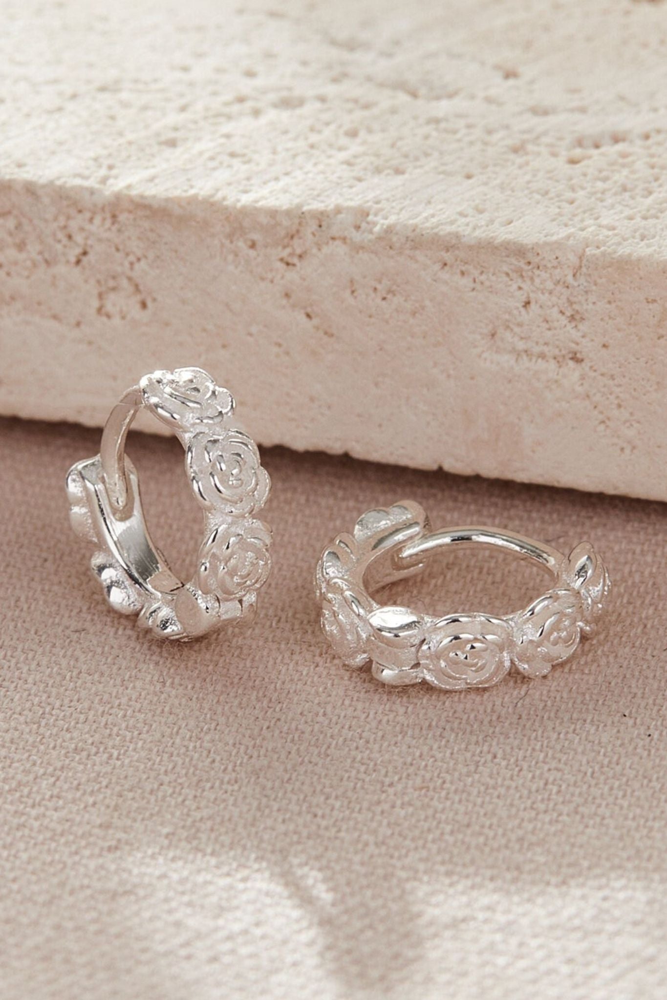 Silver Sterling Silver Rose Huggie Hoops, Image 1 of 4