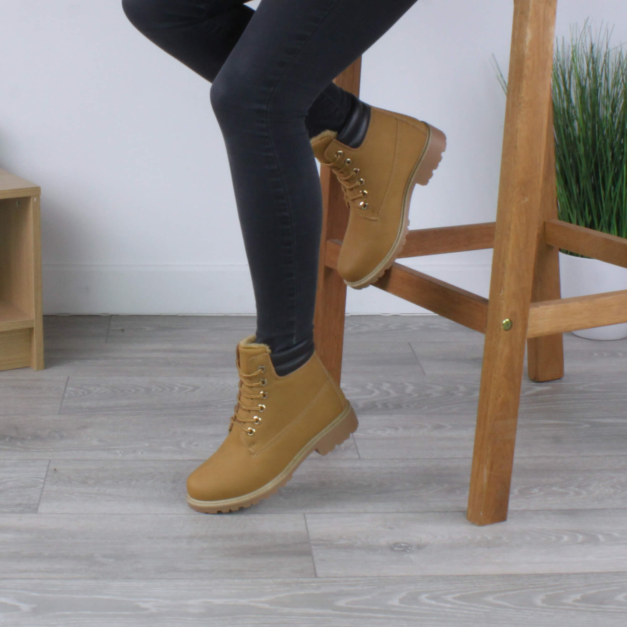 Camel AJVANI Camel Low Heel Lace Up Biker Worker Boots, Image 5 of 6