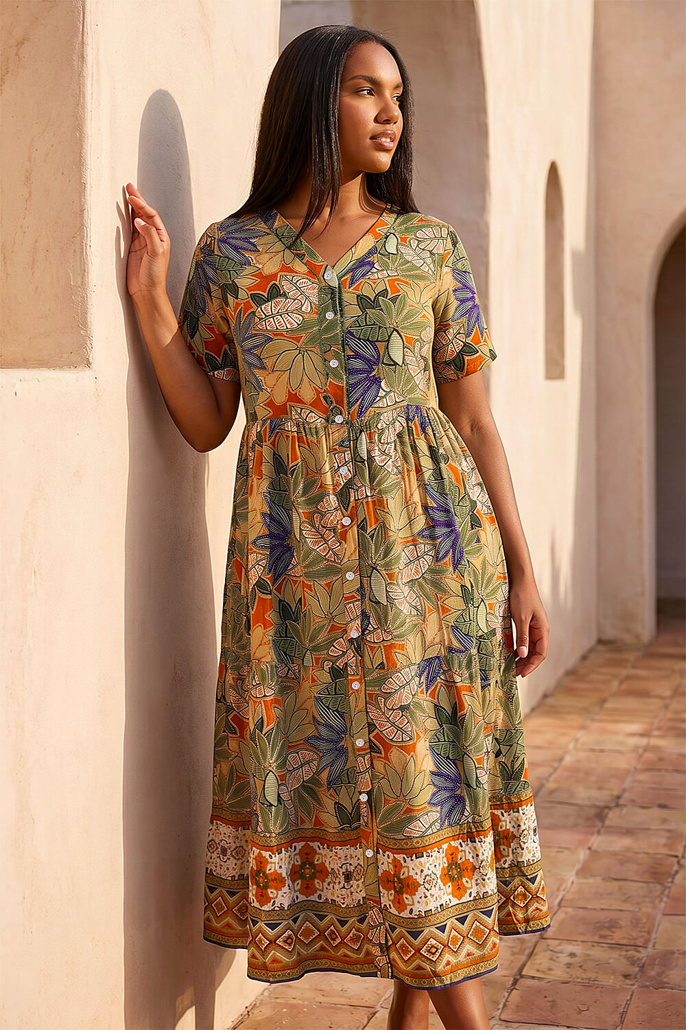 KHAKI Curve Leaf Print Button Maxi Dress, Image 3 of 4