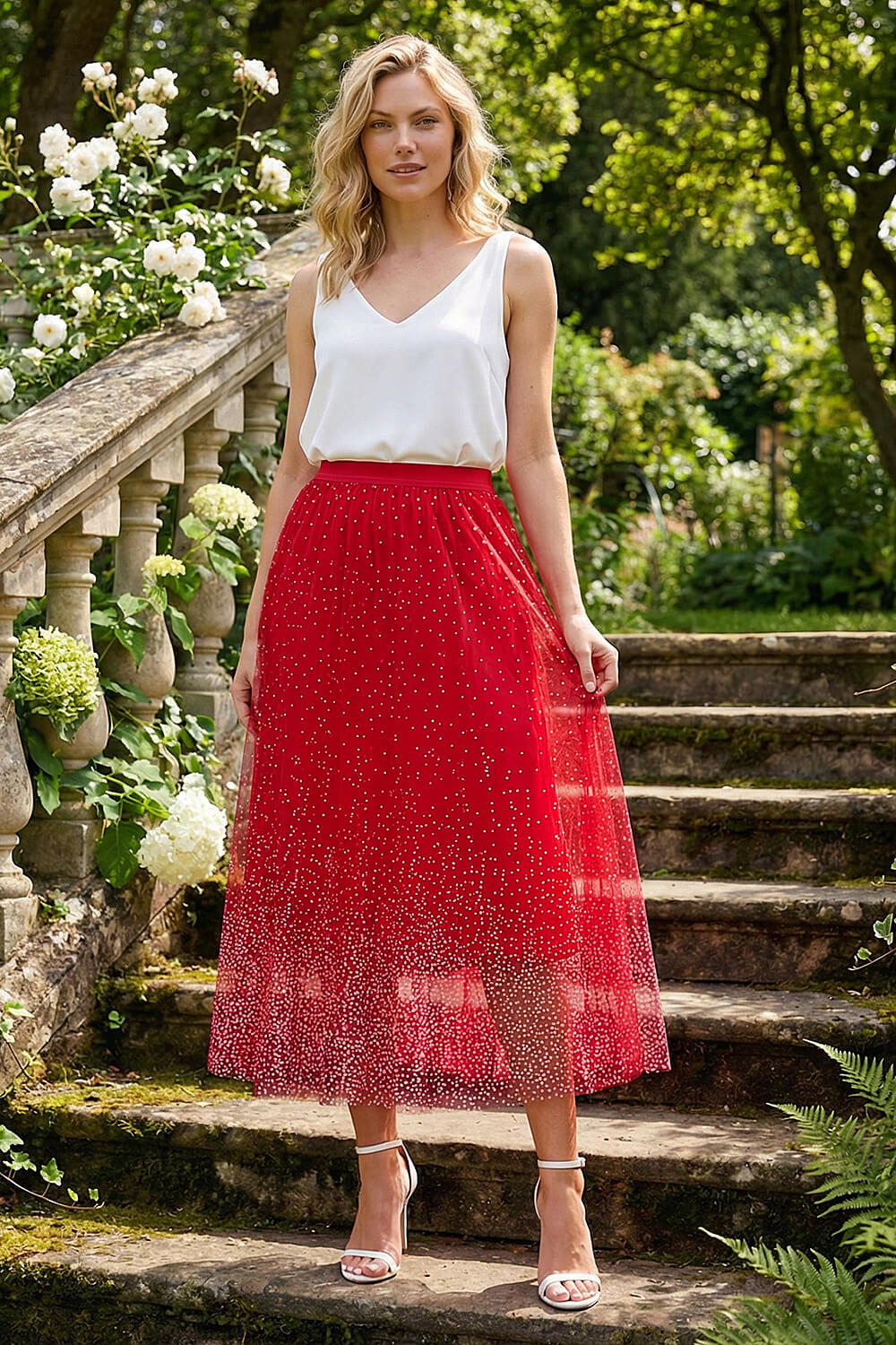 Red Polka Dot Print Elasticated Mesh Skirt, Image 3 of 4