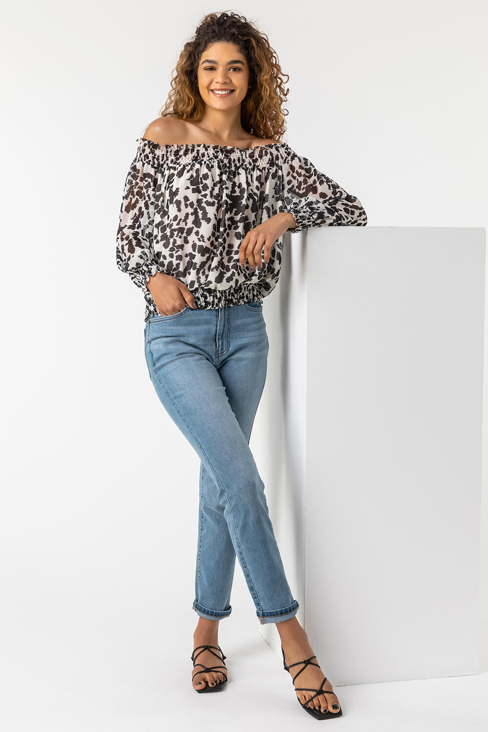 Ivory Shirred Animal Print Bardot Chiffon Top, Image 6 of 5