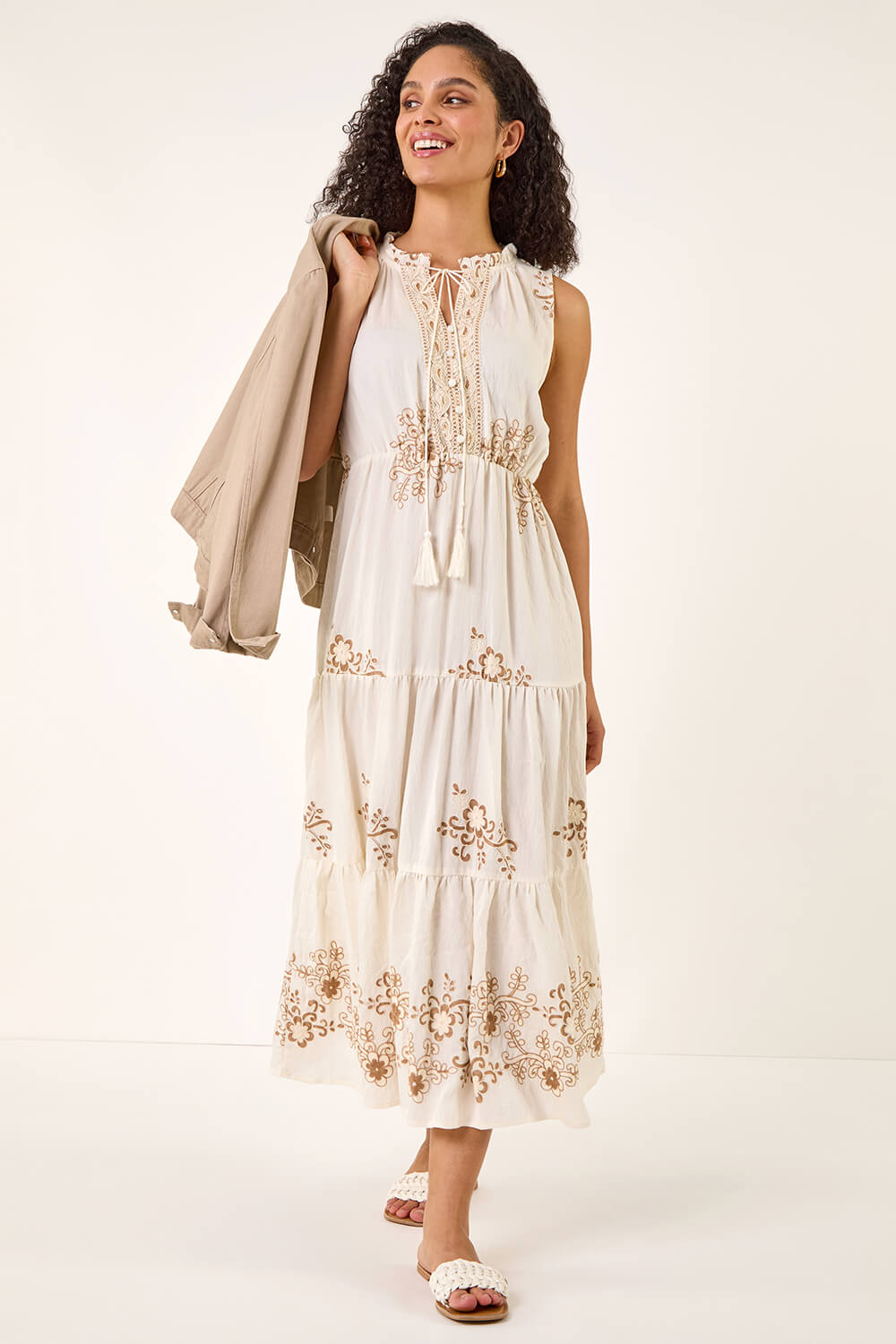 Ivory Floral Print Tiered Maxi Dress, Image 4 of 6