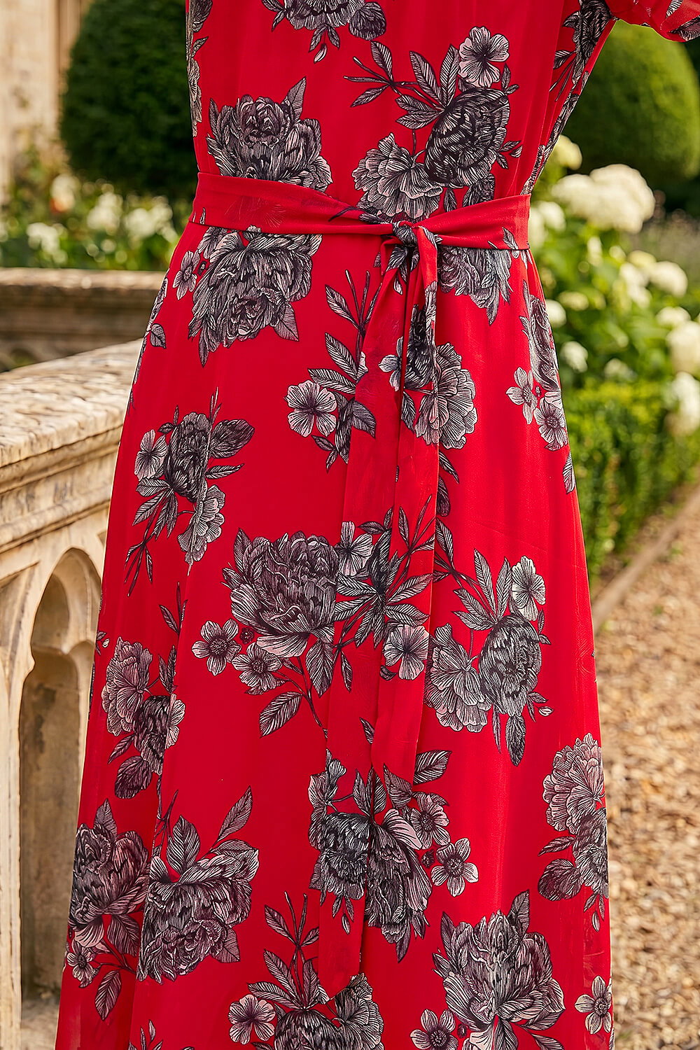 Red Floral Print Pleat Neck Midi Dress, Image 5 of 4