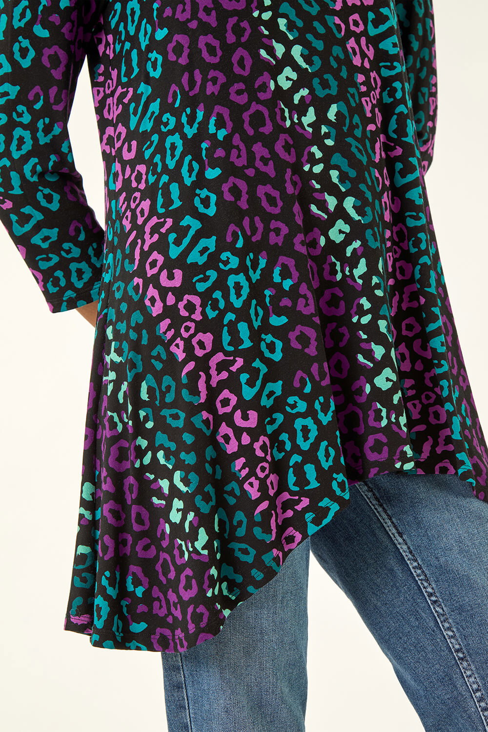 Teal Animal Print Hanky Hem Stretch Top, Image 6 of 5