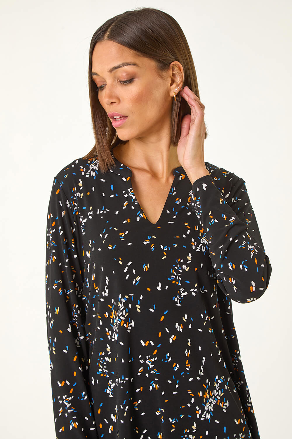 Black Abstract Print V-Neck Tunic Top, Image 5 of 5