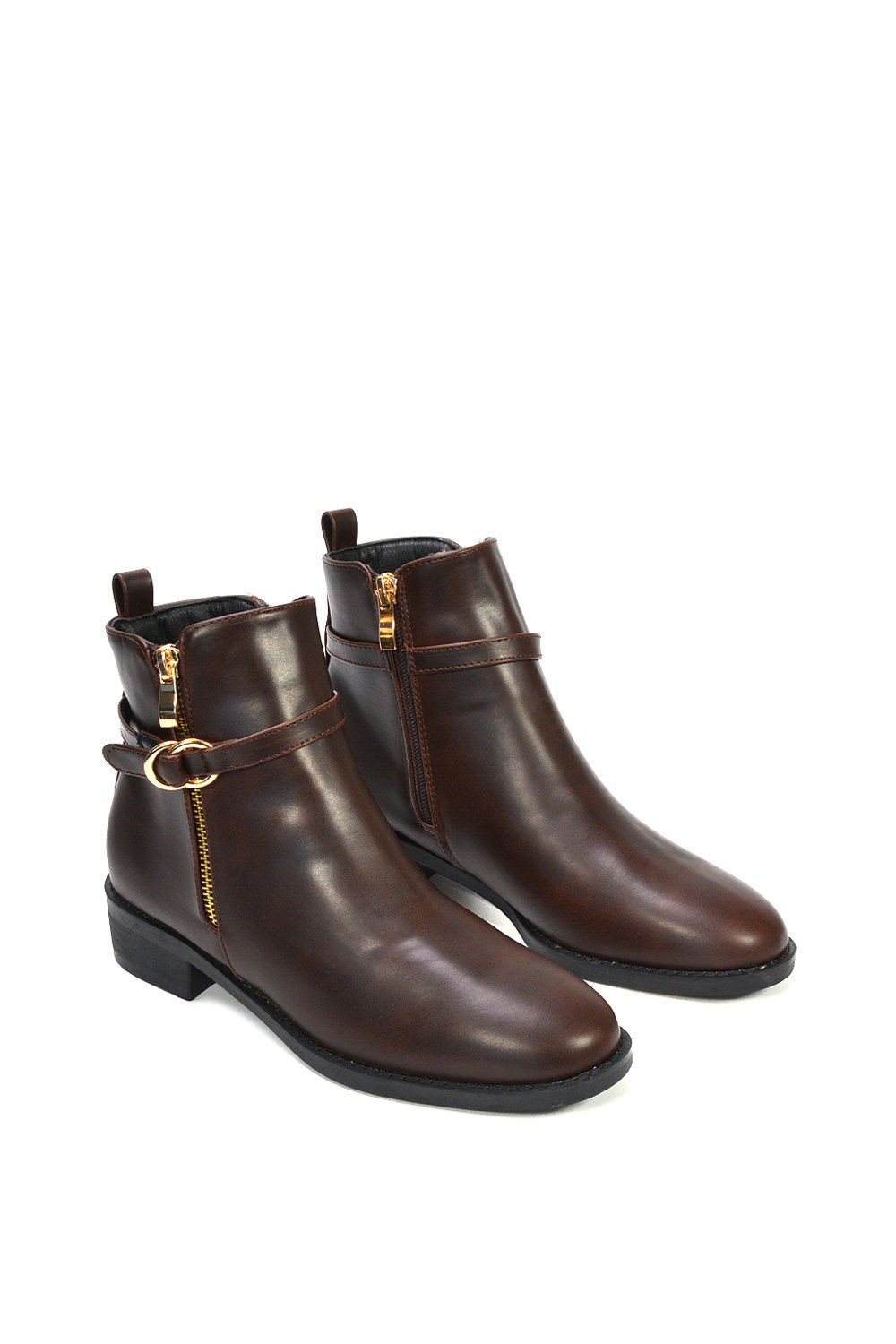 Brown XY LONDON Brown 'Lorna' Flat Low Heel Ankle Booties With Decorative Buckle and Zip, Image 5 of 7