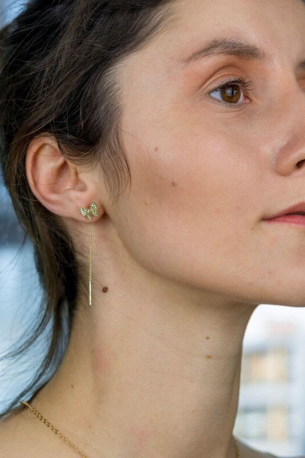 Gold Long Gold Butterfly Tassel Chain Stud Earrings, Image 1 of 3