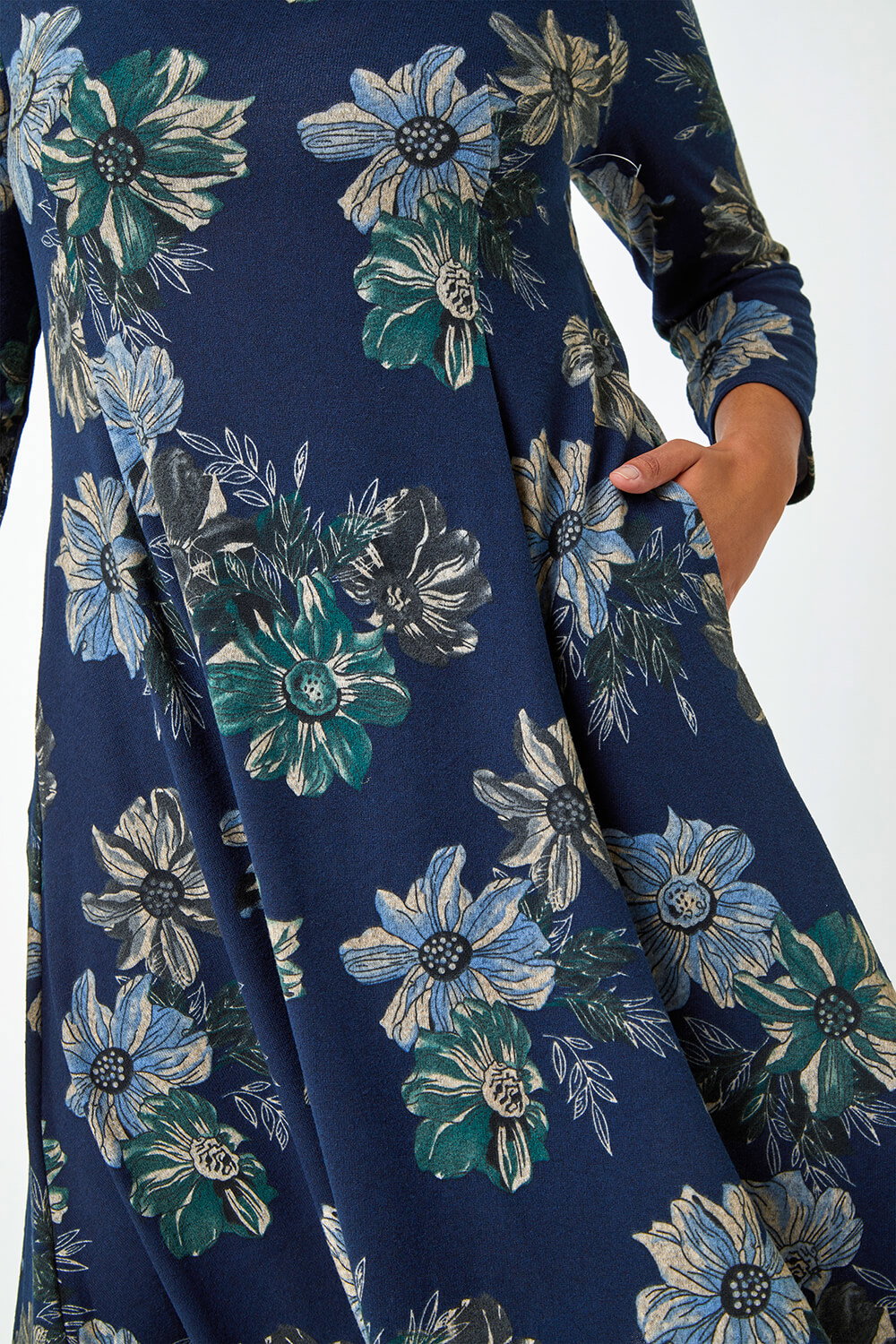 Navy Curve Floral Print Tunic Stretch Dress, Image 6 of 5