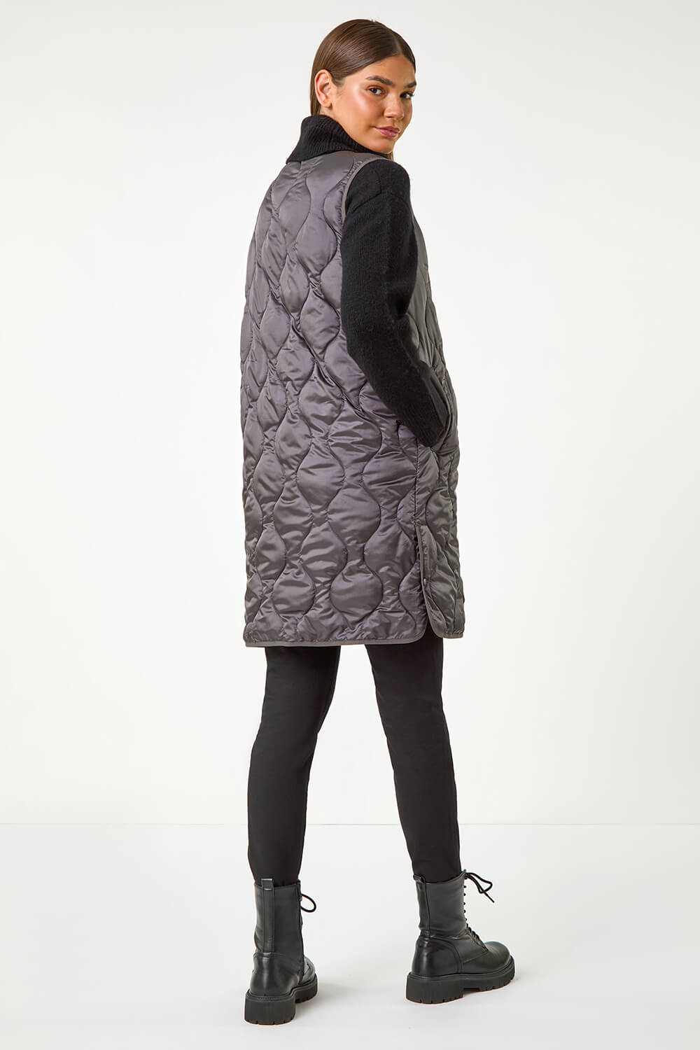 Ash Grey Quilted Collarless Buttoned Gilet, Image 4 of 5