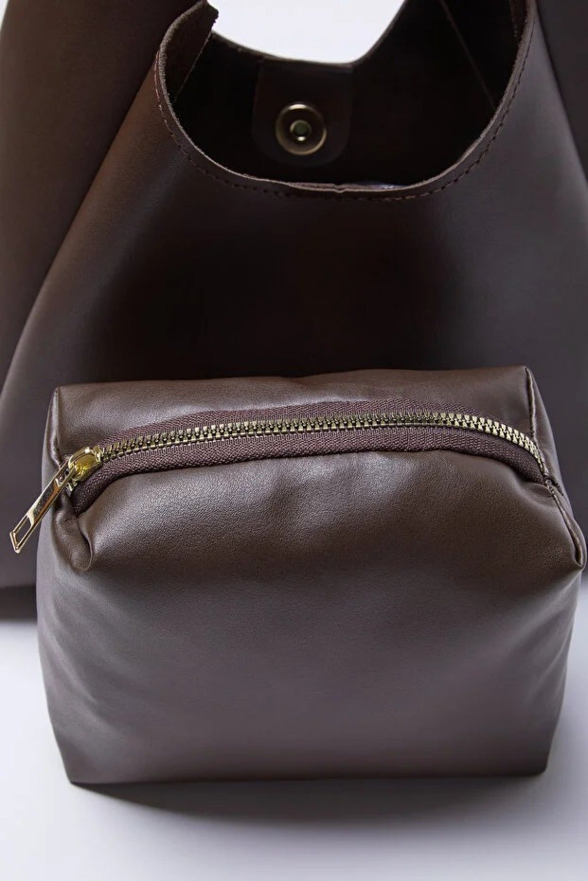 Dark Brown WOVCOR Dark Brown Oval Shoulder Bag With Matching Pouch, Image 3 of 3