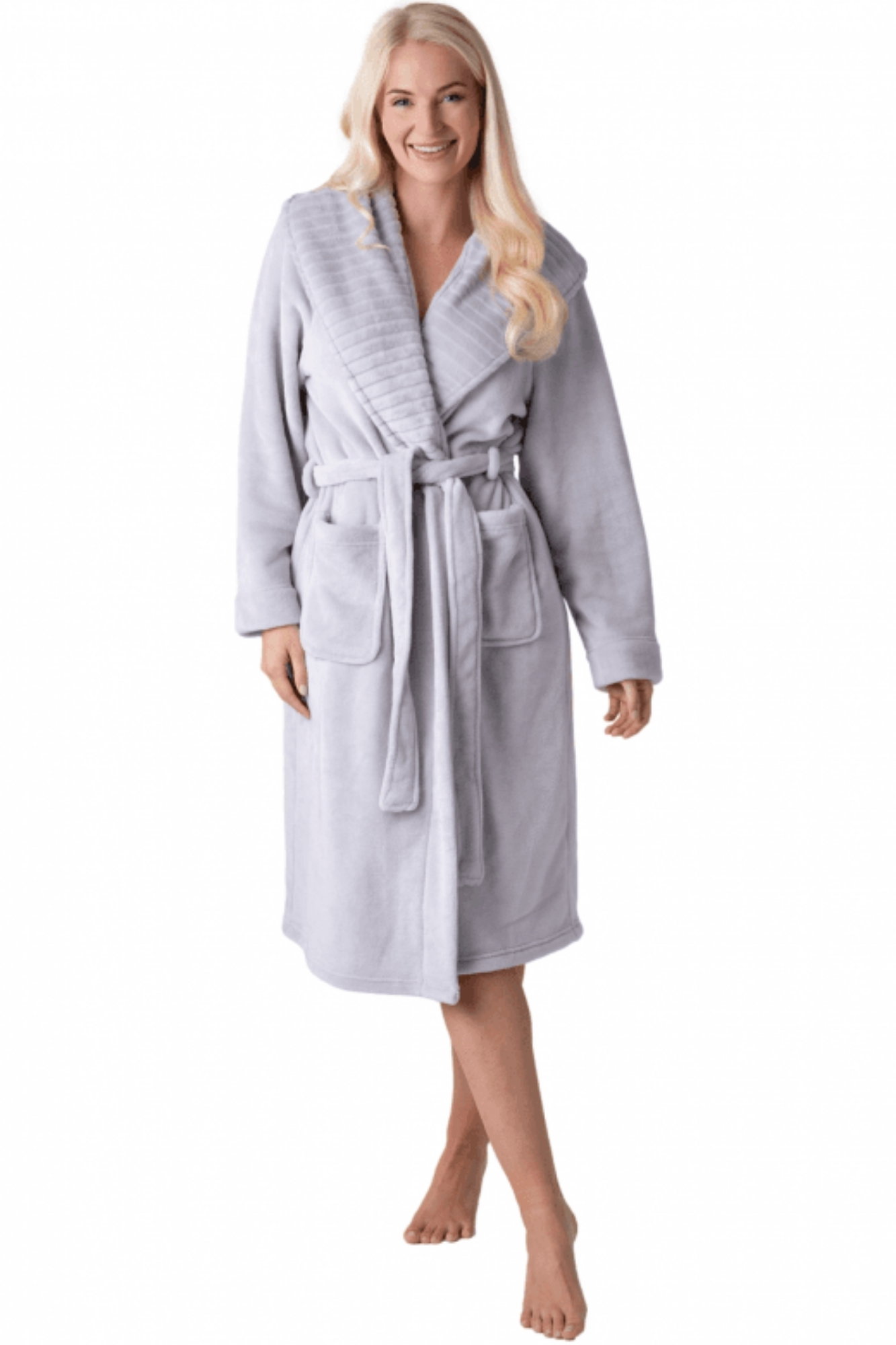 Light Grey Camille Lingerie Light Grey Supersoft Fleece Ribbed Collar Robe, Image 1 of 8