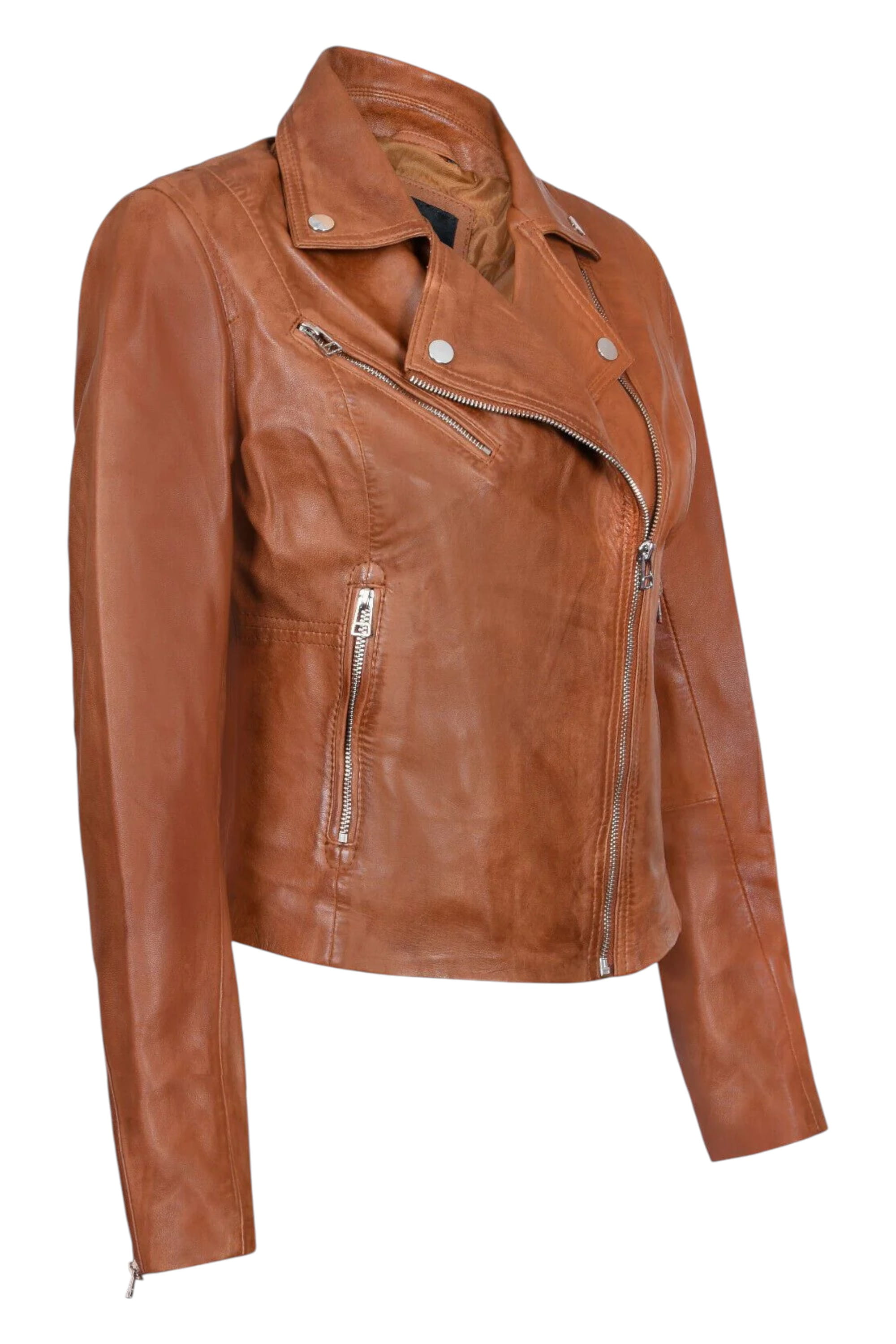 Tan Womens Leather Biker Jacket-Matlock, Image 3 of 4