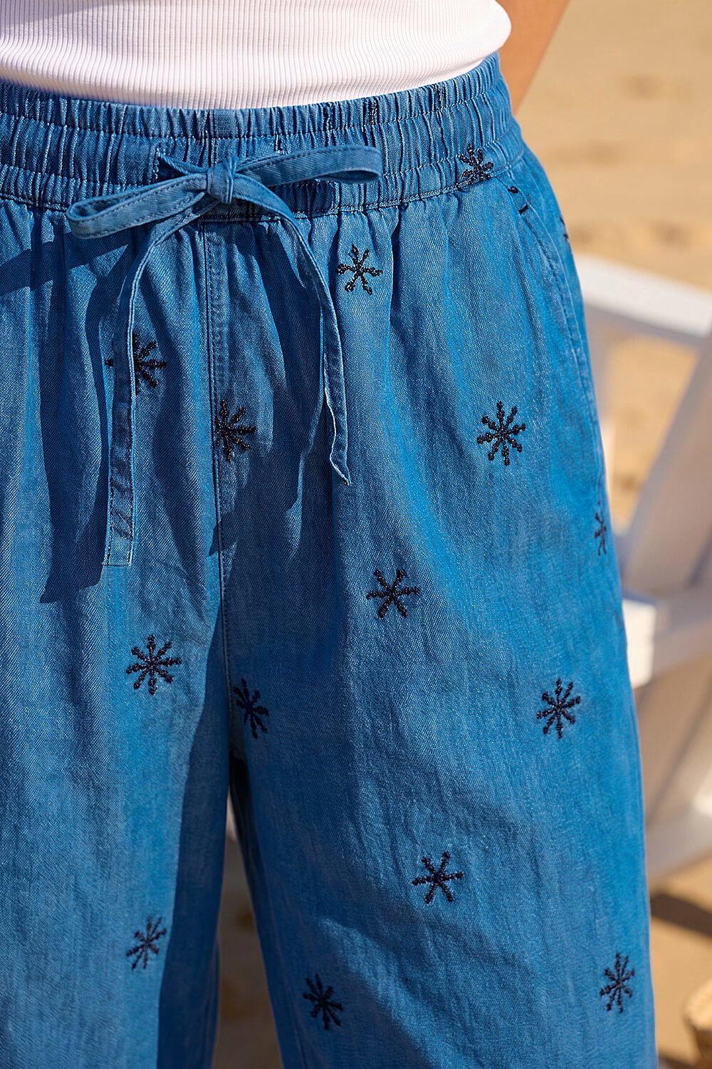 Denim Petite Embroidered Trousers, Image 5 of 4