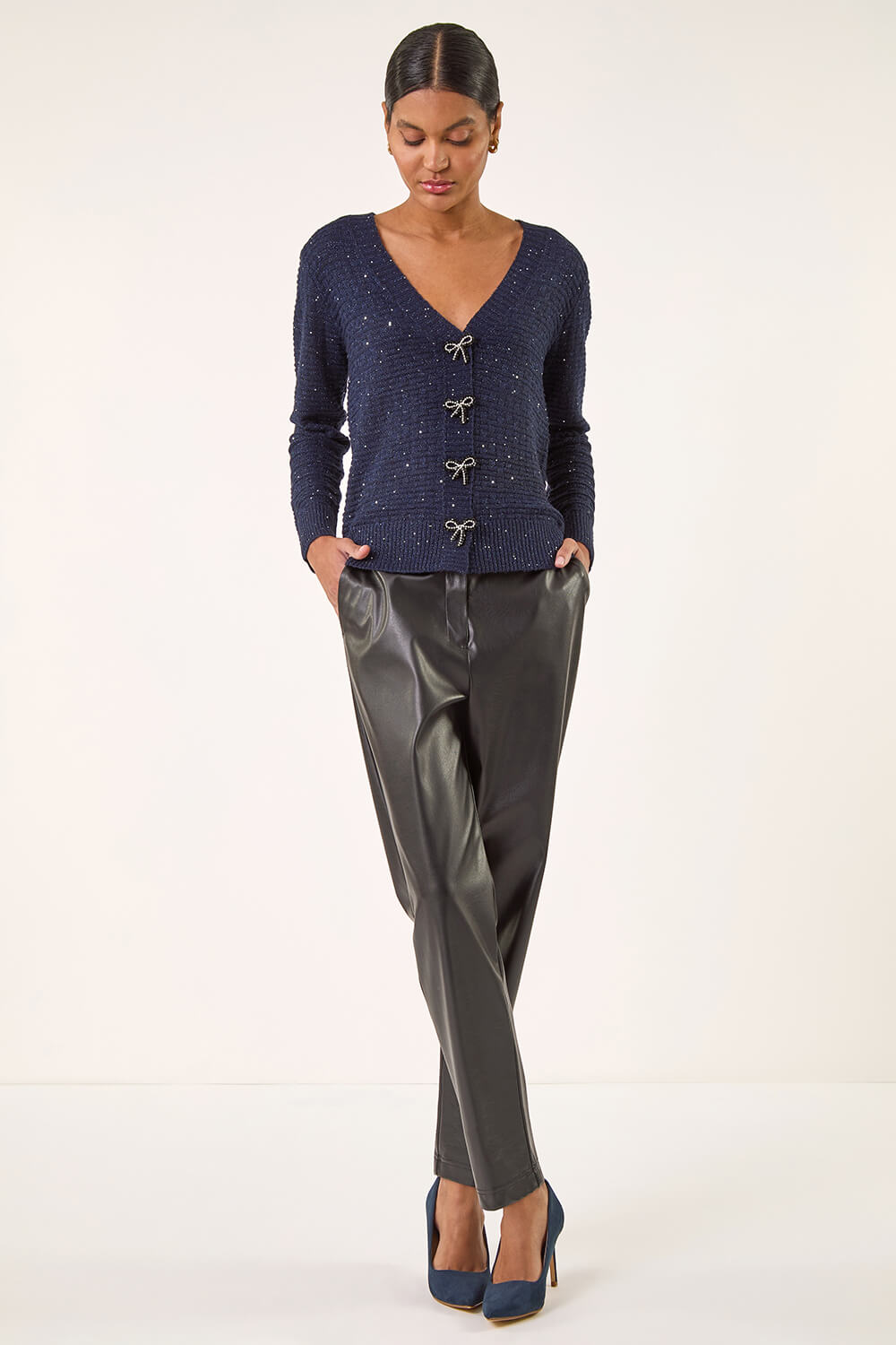 Navy Bow Embellished Sequin Knit Cardigan, Image 3 of 5
