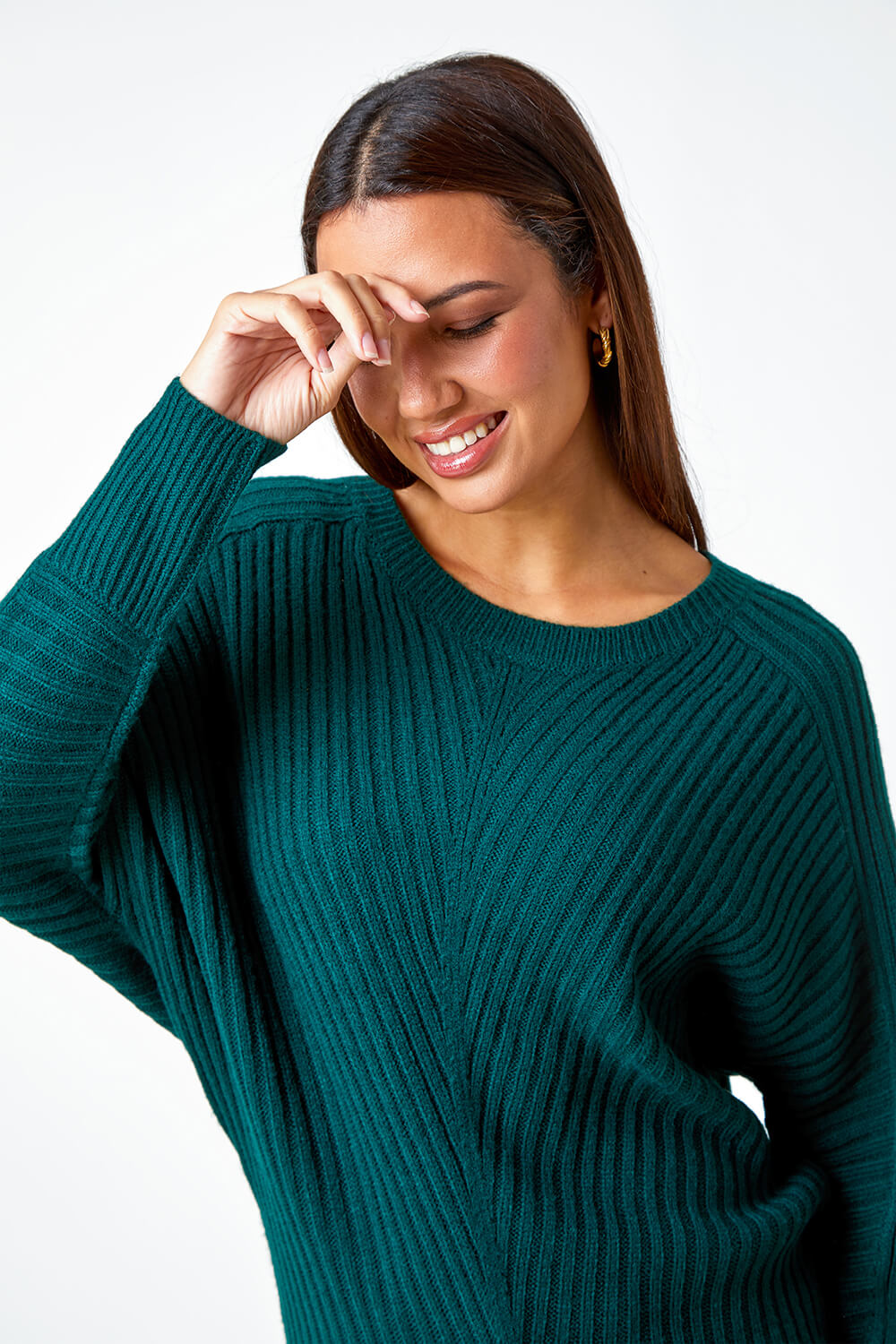 Green Ribbed Geometric Print Batwing Jumper, Image 5 of 5