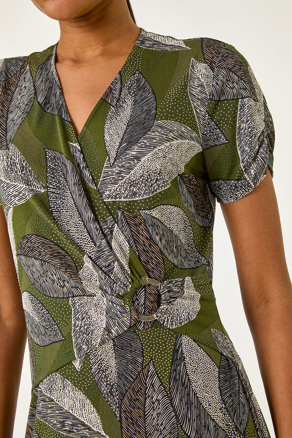 KHAKI Leaf Print Ring Detail Midi Dress, Image 6 of 5
