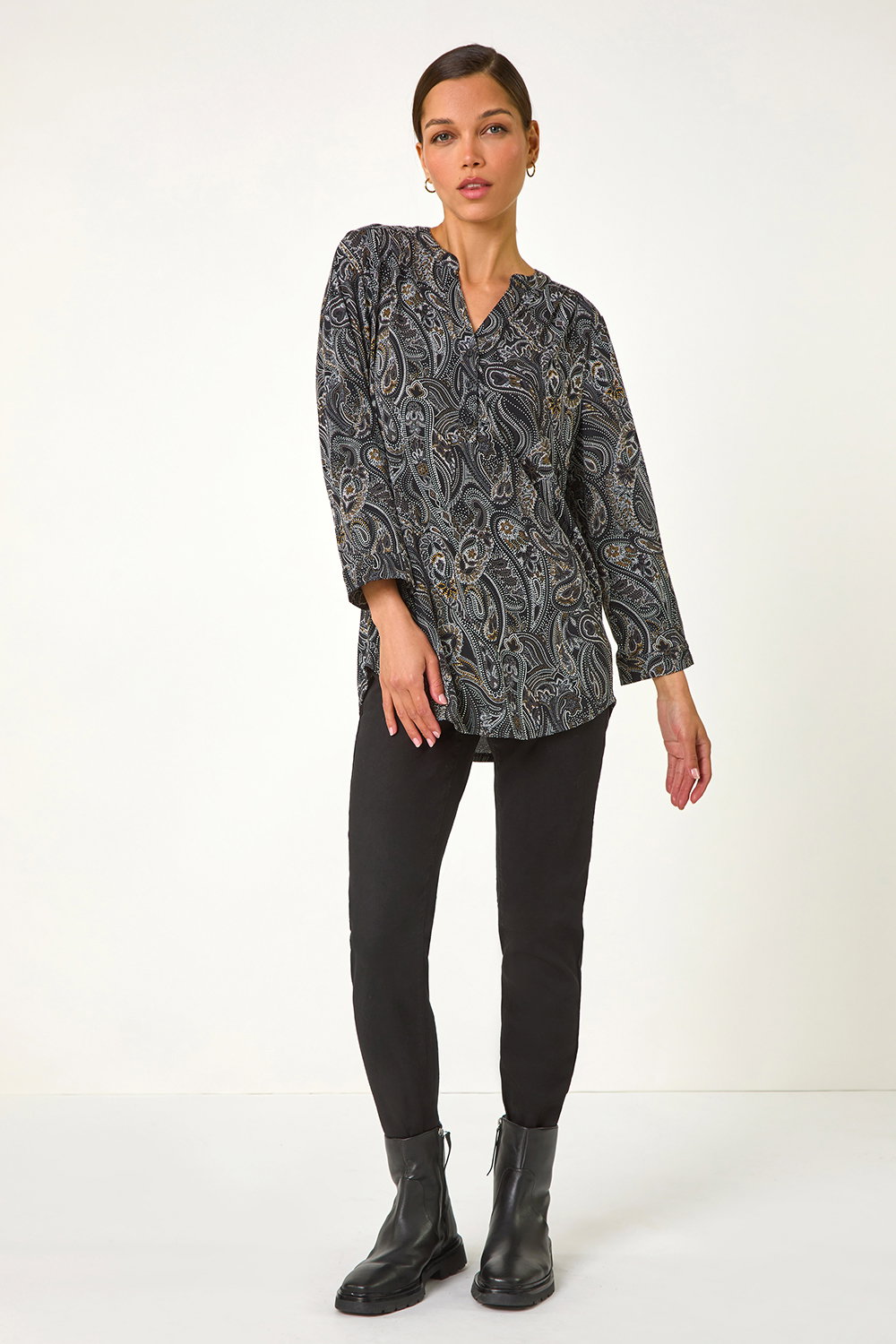 Ochre Textured Paisley Print Stretch Blouse, Image 3 of 5