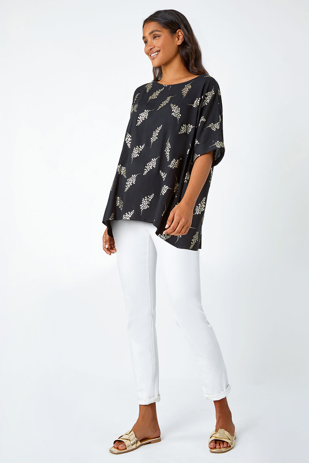 Black Metallic Floral Print Oversized T-Shirt, Image 3 of 5