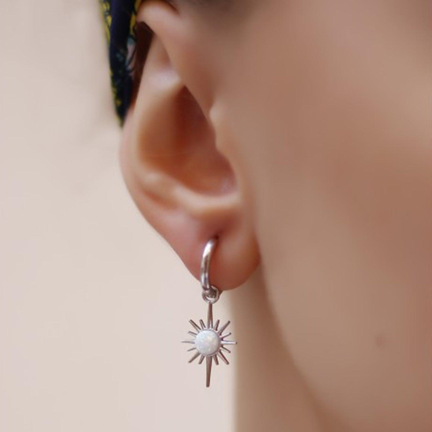 Silver White Opal Northernstar Drop Hoop Earring Sterling Silver, Image 2 of 2