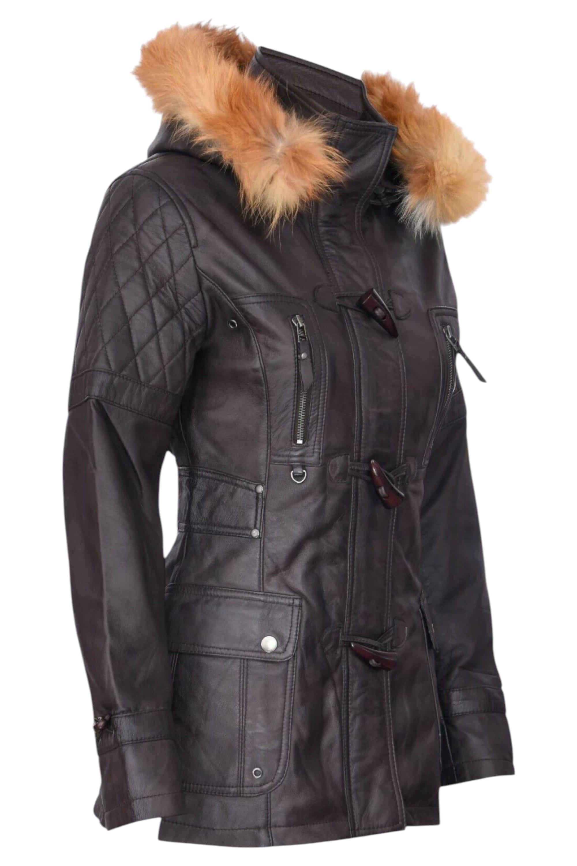 Brown Lamb Leather Parka Fur Hood Jacket, Image 4 of 6