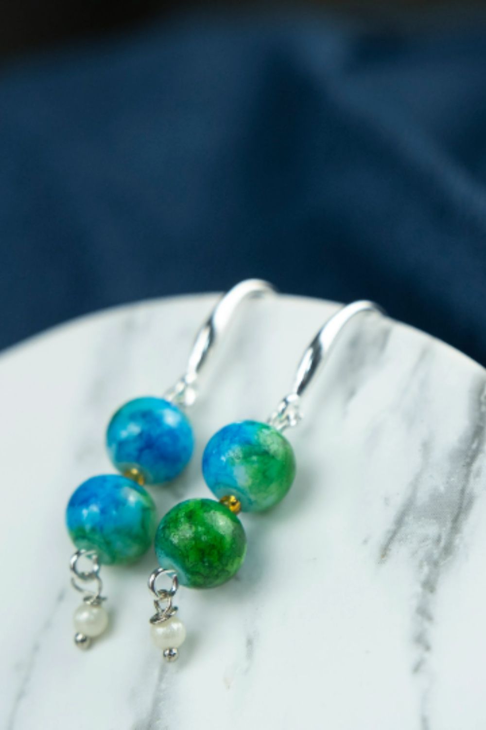 Green Colourful Double Marble Pearl Dangle Earrings, 1-inch Drop, Image 2 of 2