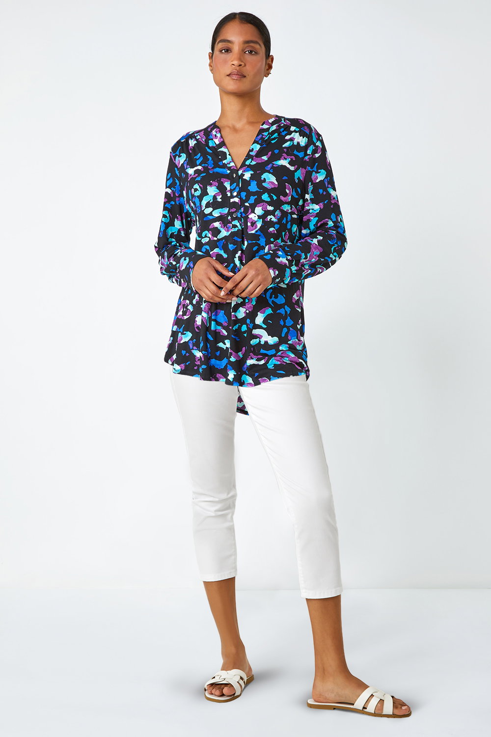 Blue Animal Print V-Neck Stretch Shirt Top, Image 3 of 5