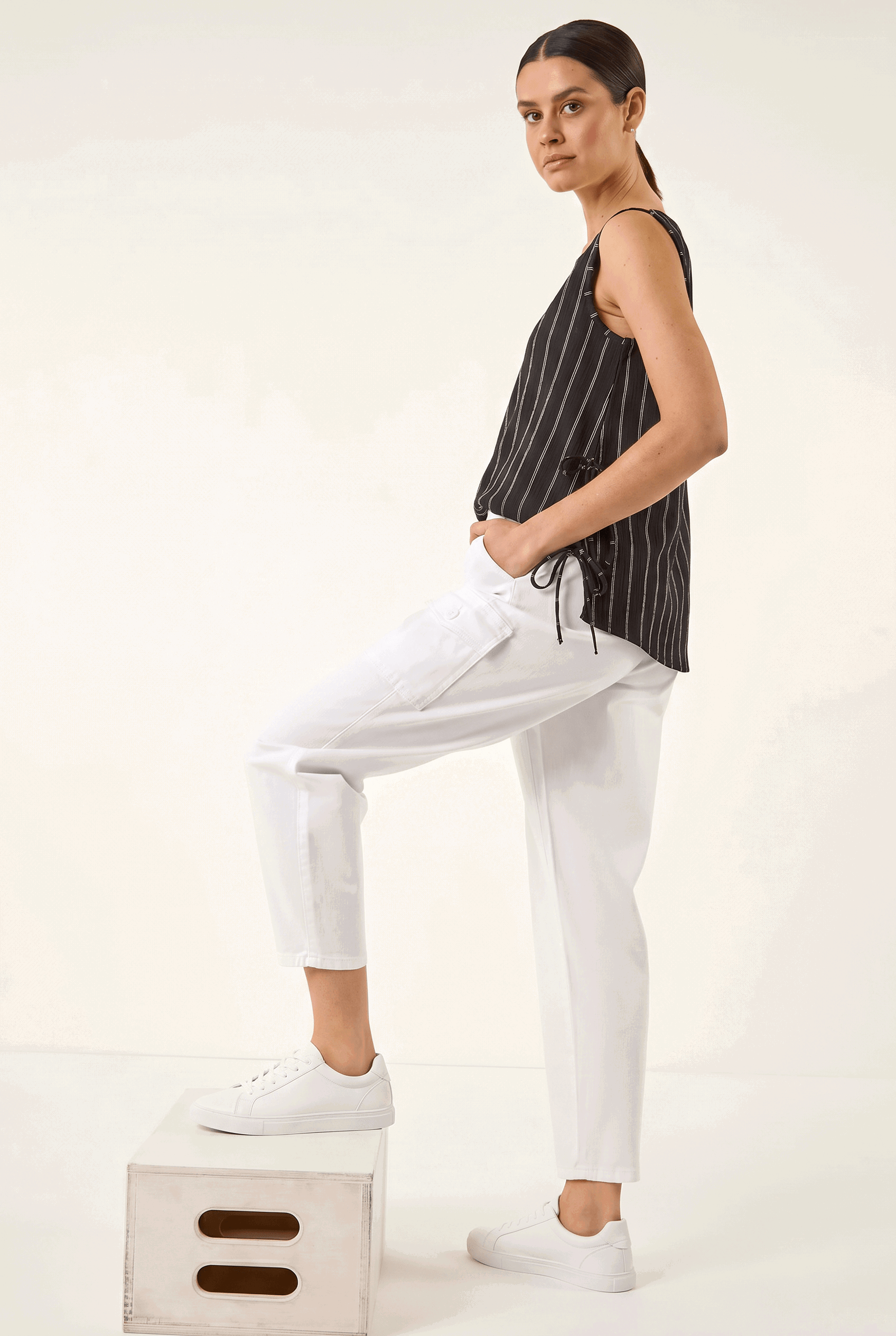 White Casual Elastic Waist Cargo Stretch Trousers, Image 3 of 6
