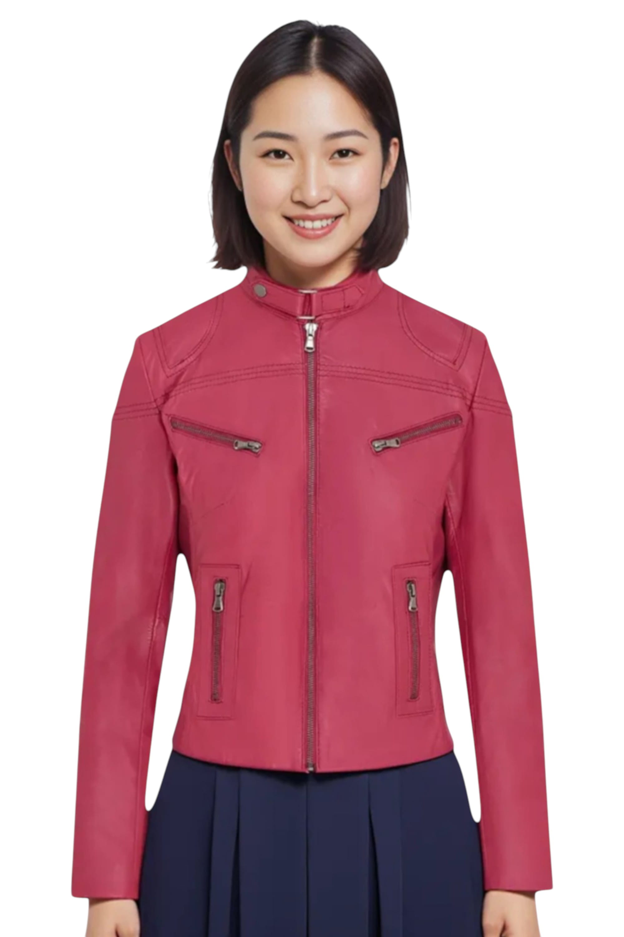 Pink Infinity Leather Pink Slim-Fit Leather Biker Jacket-Tulsa, Image 1 of 6