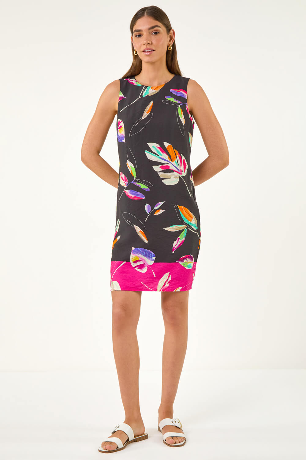 Fuchsia Leaf Print Shift Dress, Image 3 of 5