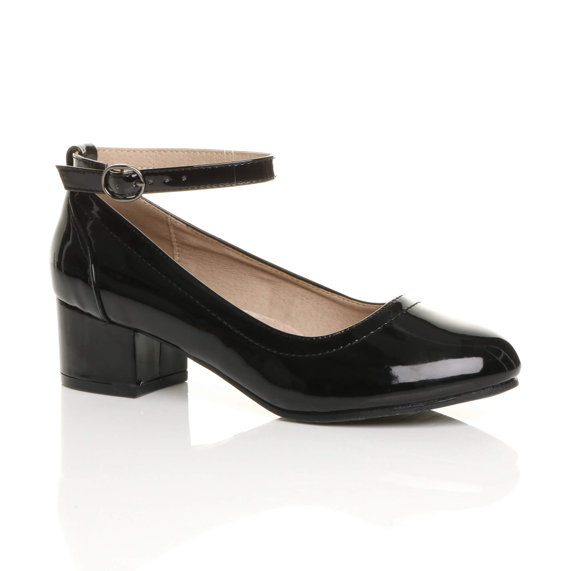 Black Mid Block Heel Comfort Ankle Strap Court Shoes
