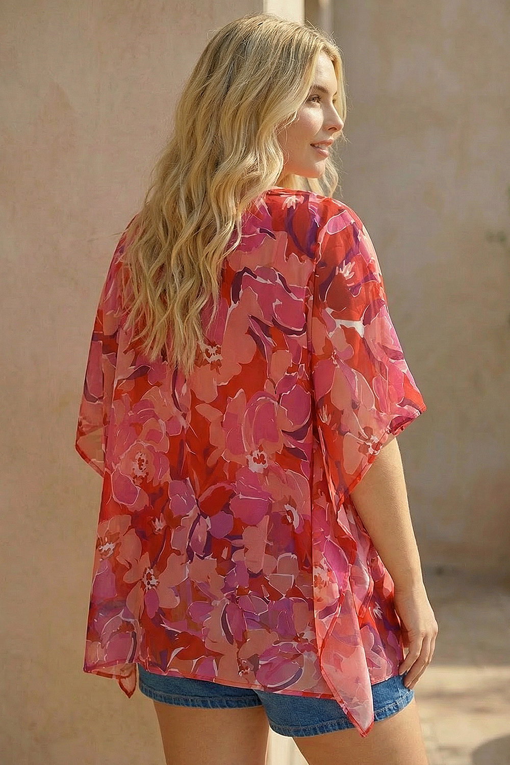 Cerise Curve Floral Chiffon Hanky Hem Top, Image 4 of 4