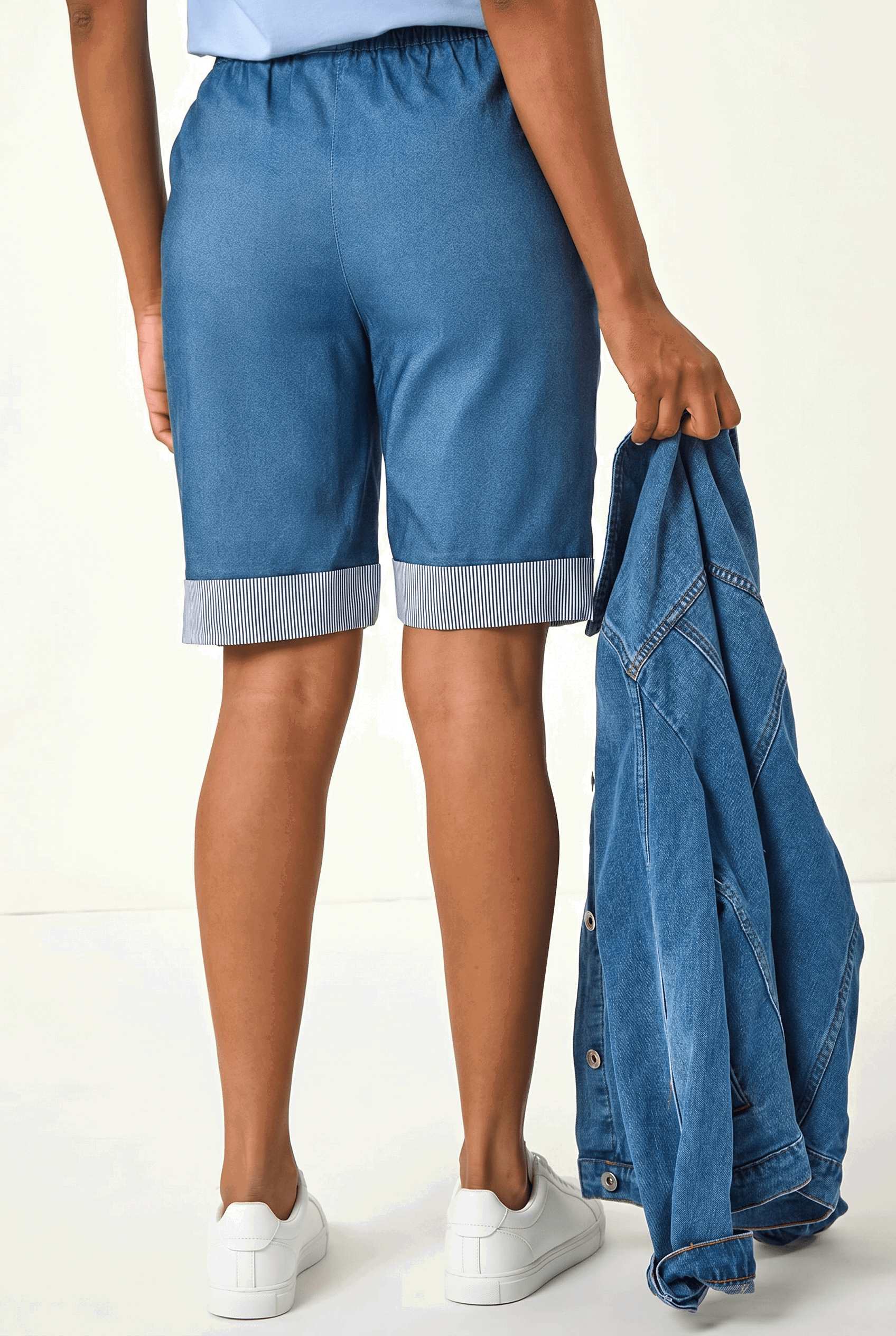 Denim Bengaline Turn Up Stripe Stretch Shorts, Image 3 of 5