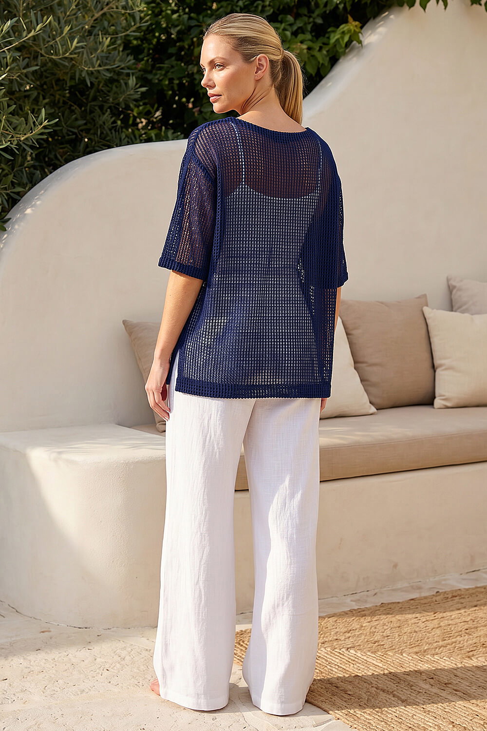 Navy Oversized Textured Stretch Top, Image 4 of 4