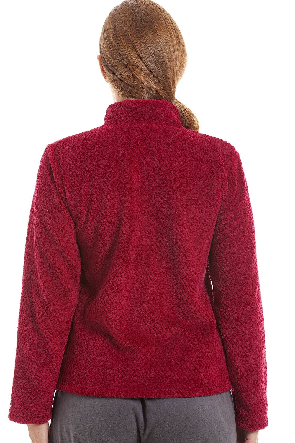 Burgundy Camille Lingerie Burgundy Zip Front Soft Textured Fleece Bed Jacket, Image 2 of 5