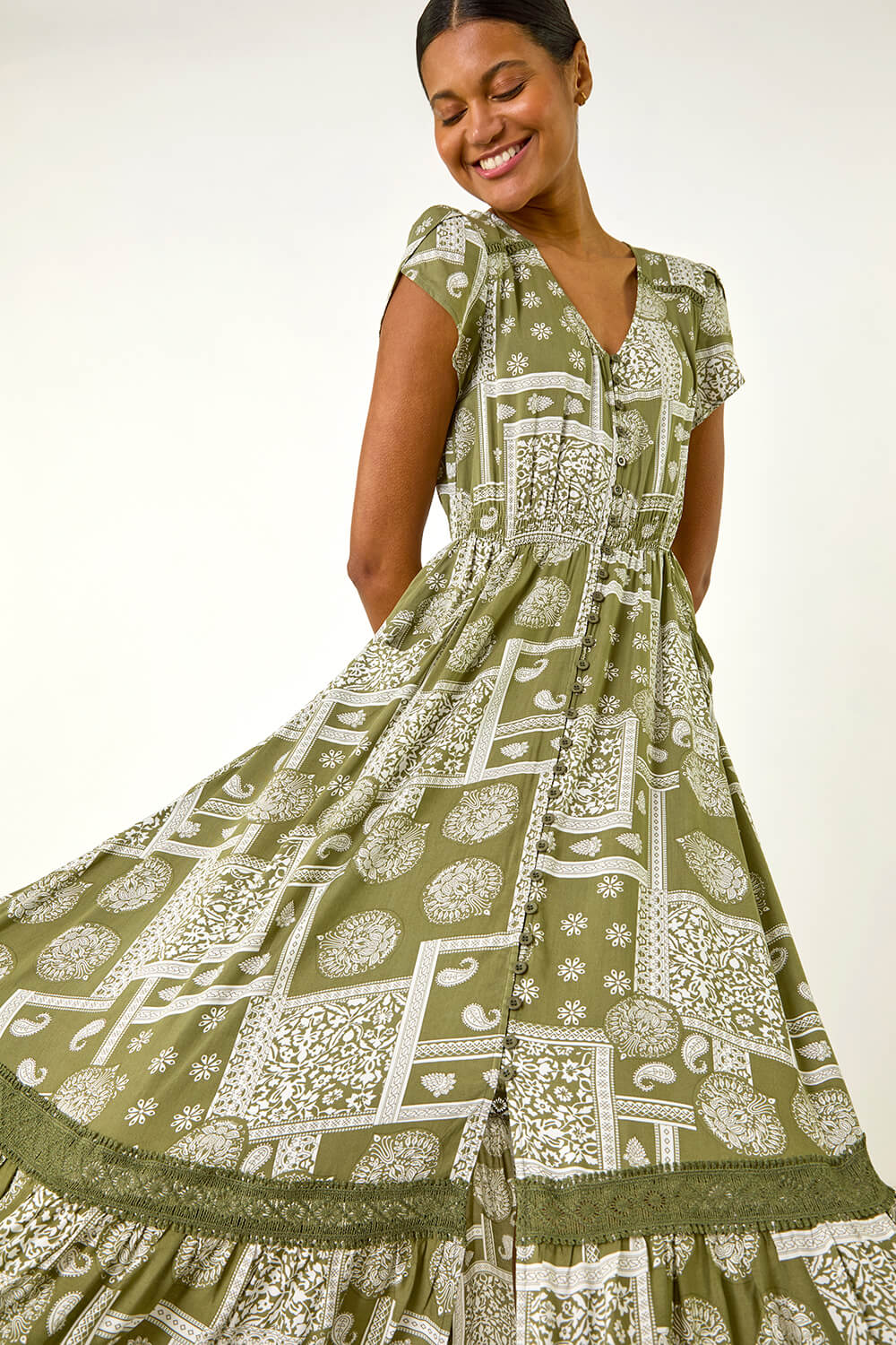 KHAKI Patchwork Lace Trim Maxi Dress, Image 1 of 5